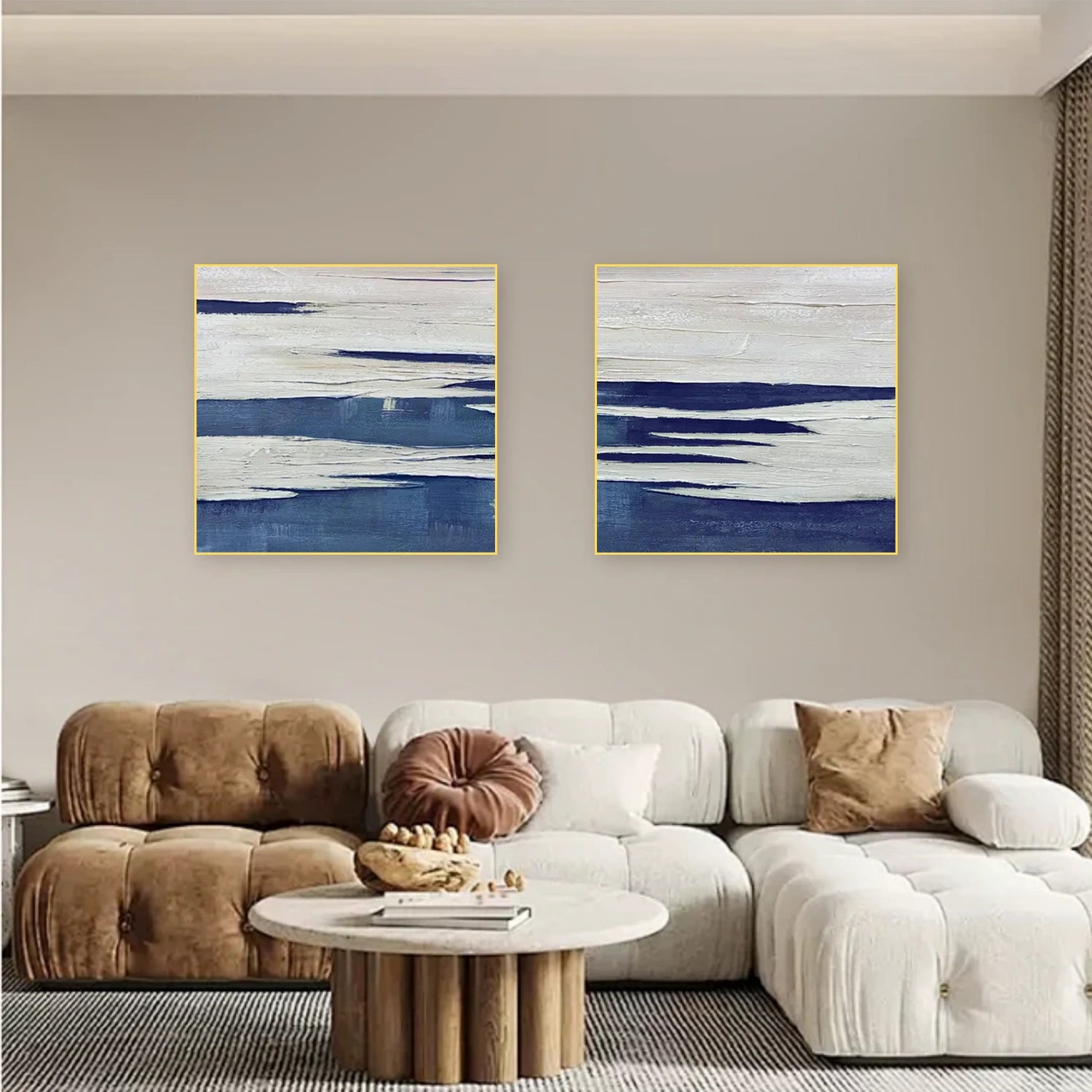 Blue & White Abstract Textured Square Set of 2 Wall Art #AB 509