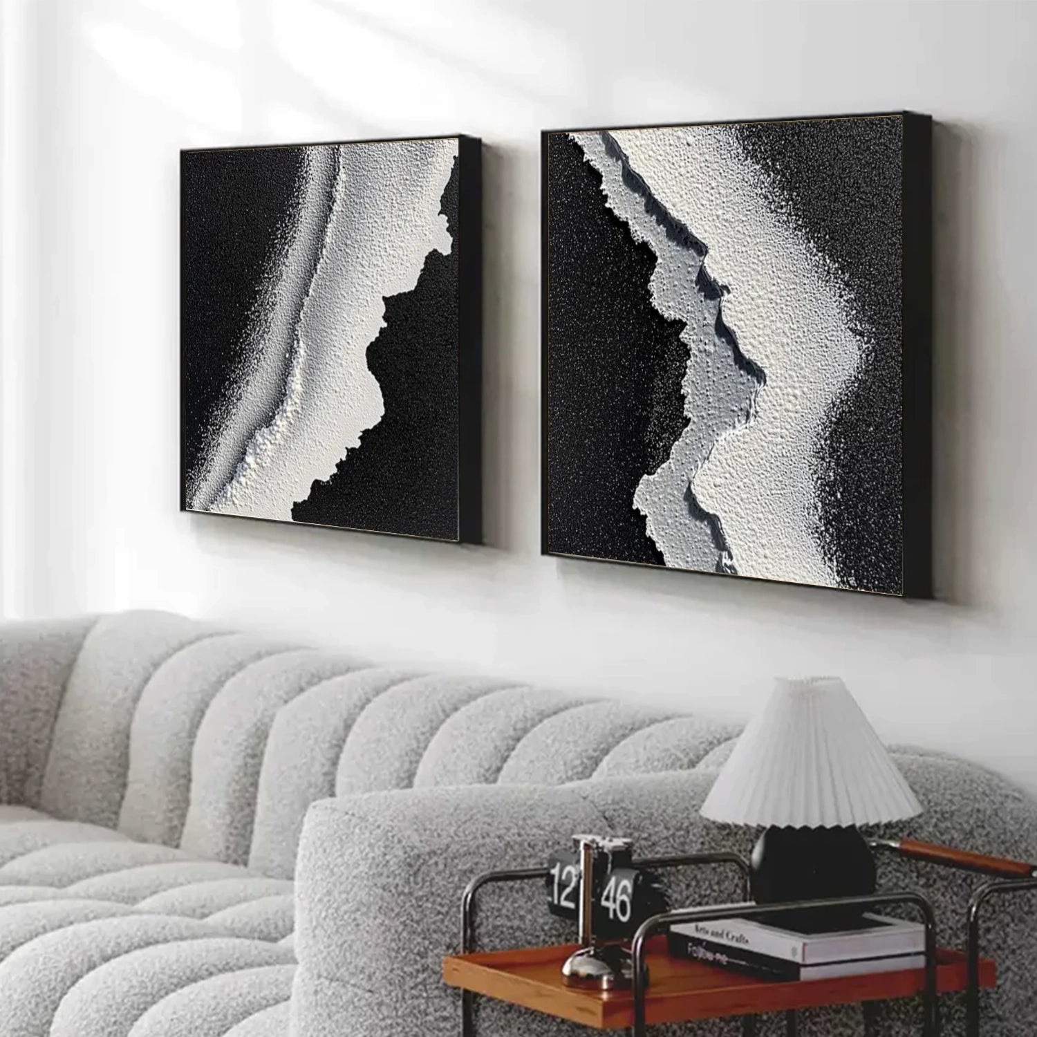 Black & White Ocean And Sky Abstract Textured Square Set of 2 Canvas Art #OS 315