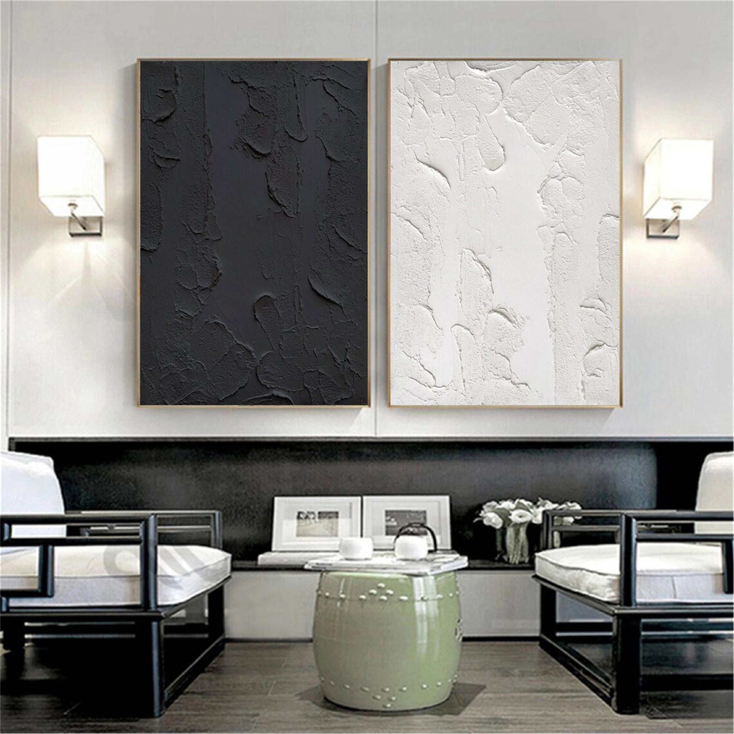 Black White Textured Minimalist Wall Art Set of 2 #MZ074