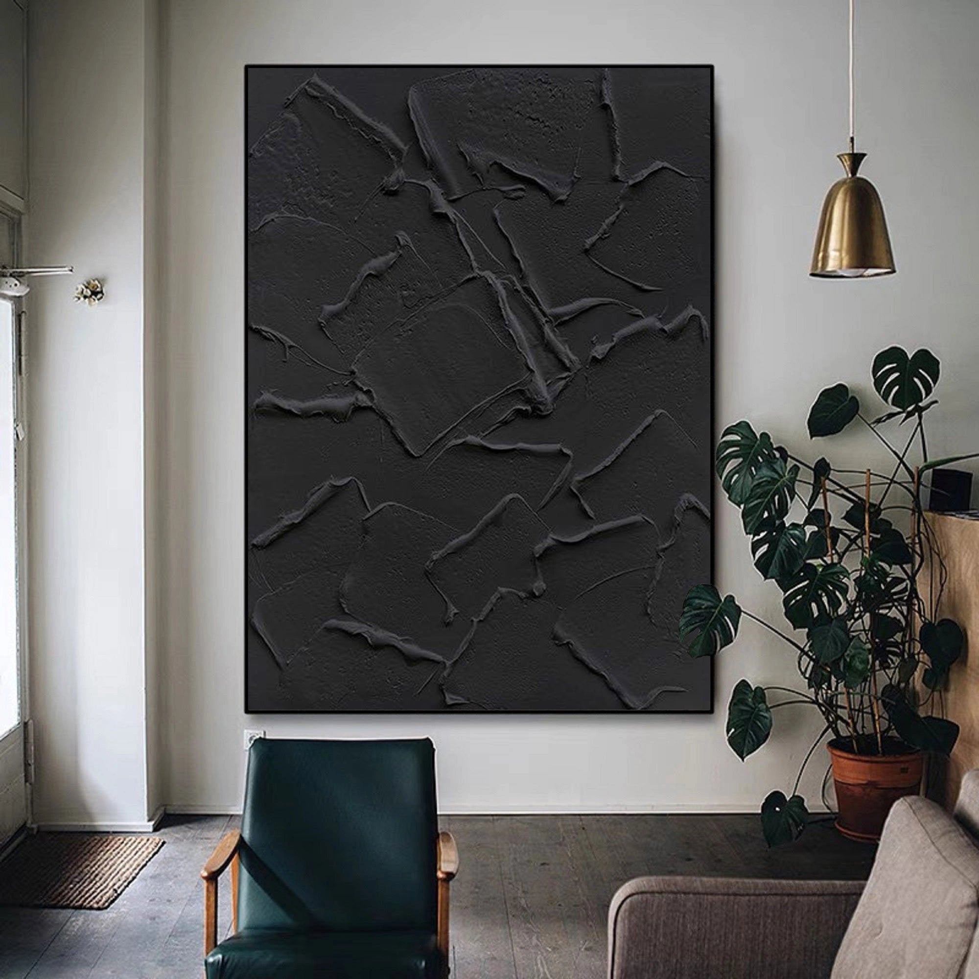 Black Minimalist Textured Painting Canvas #MZ006