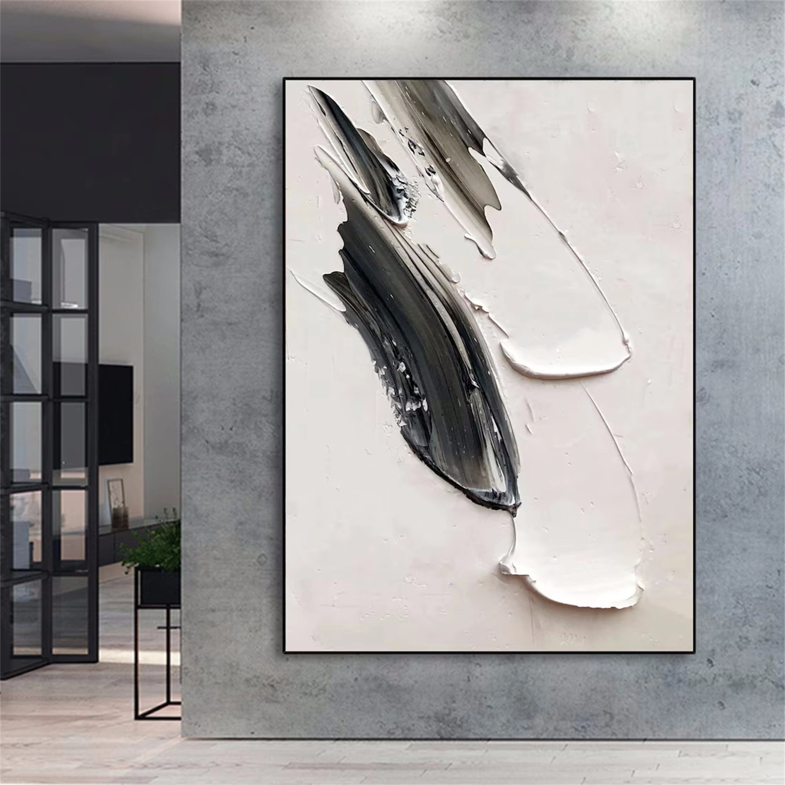 White & Black Minimalist Textured Painting Canvas #MM135