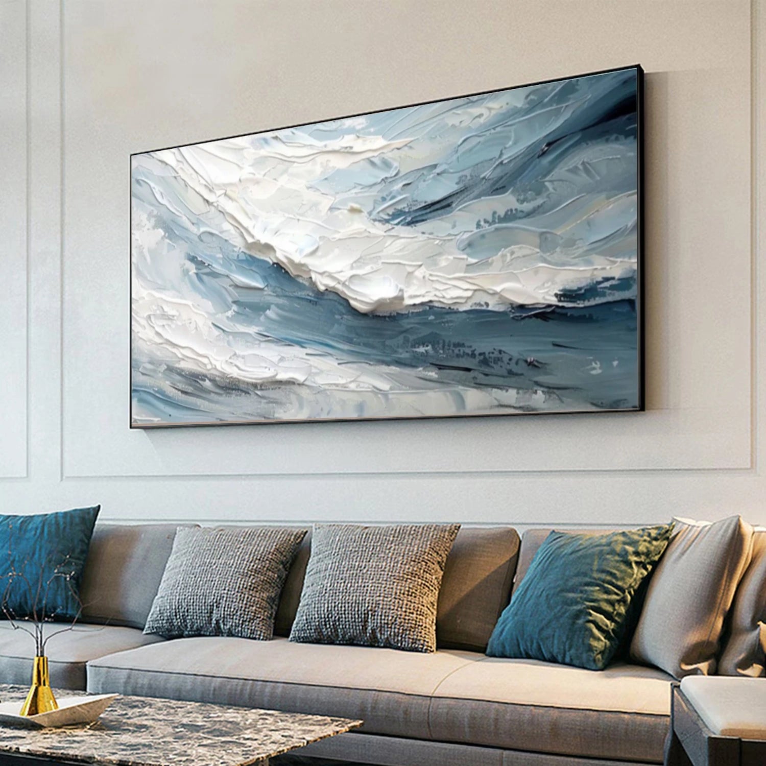 Blue & White Ocean And Sky Abstract Textured Canvas Art #OS 317