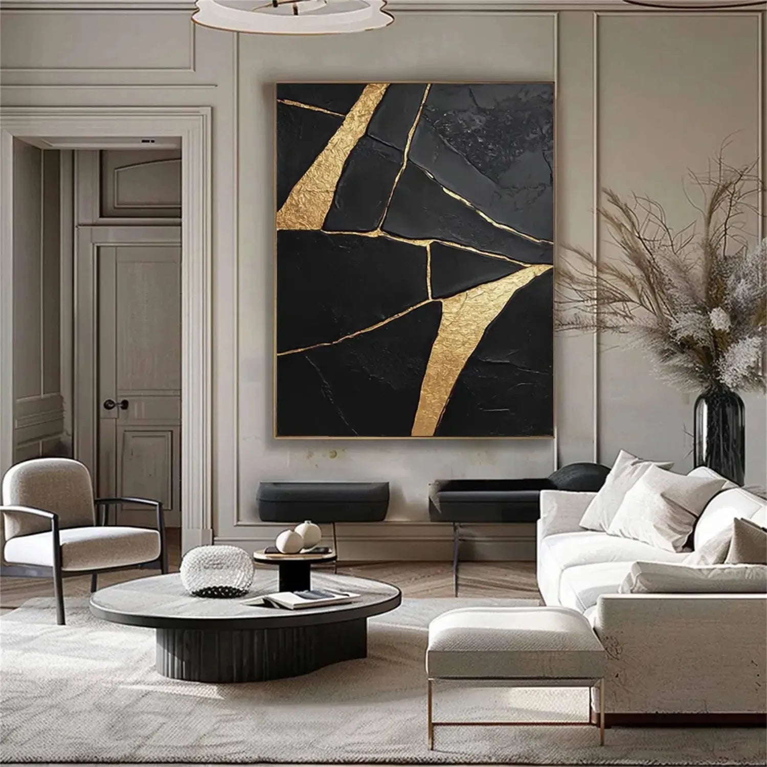Black Gold Minimalist Textured Painting Canvas #MZ123