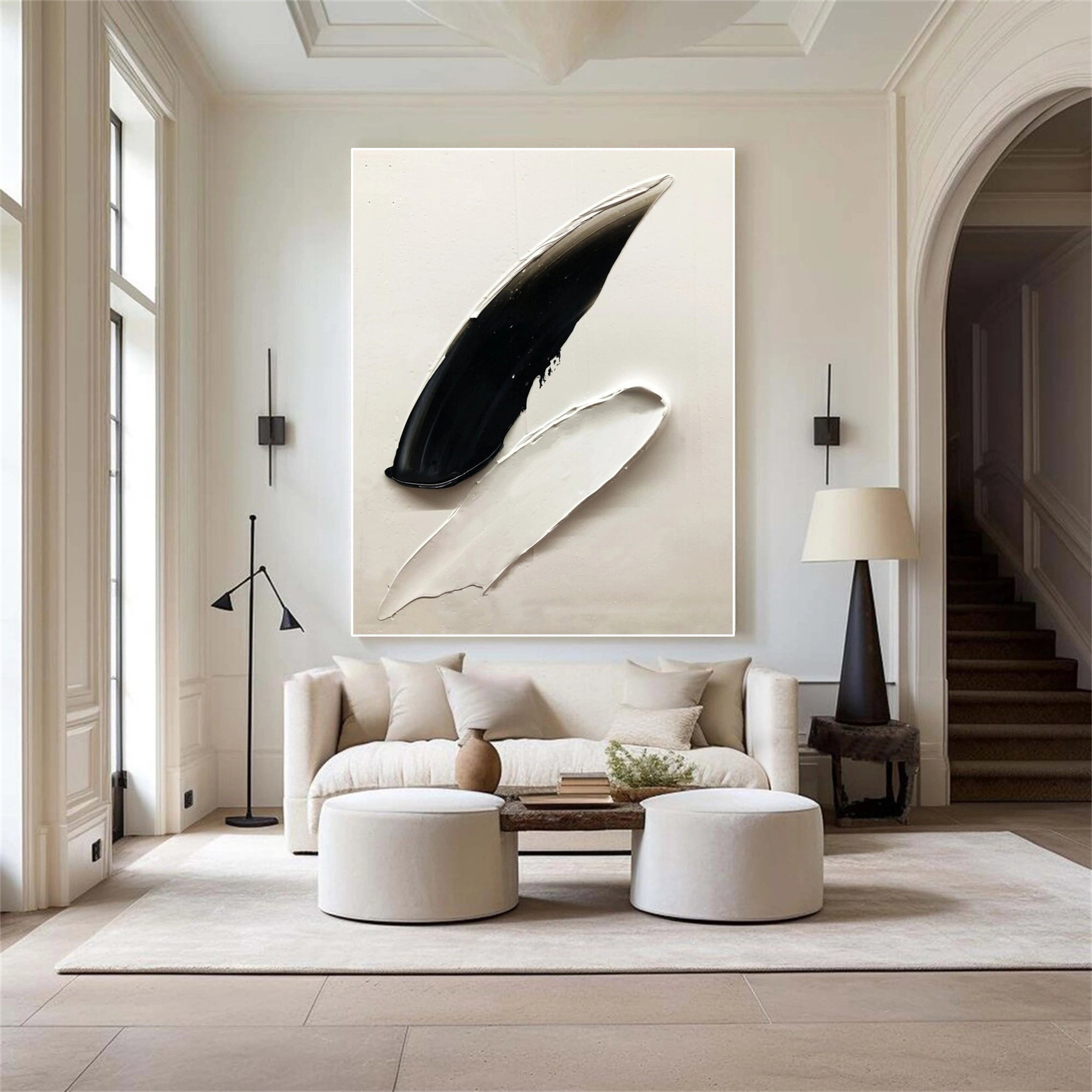 White & Black Minimalist Textured Painting Canvas #MM137