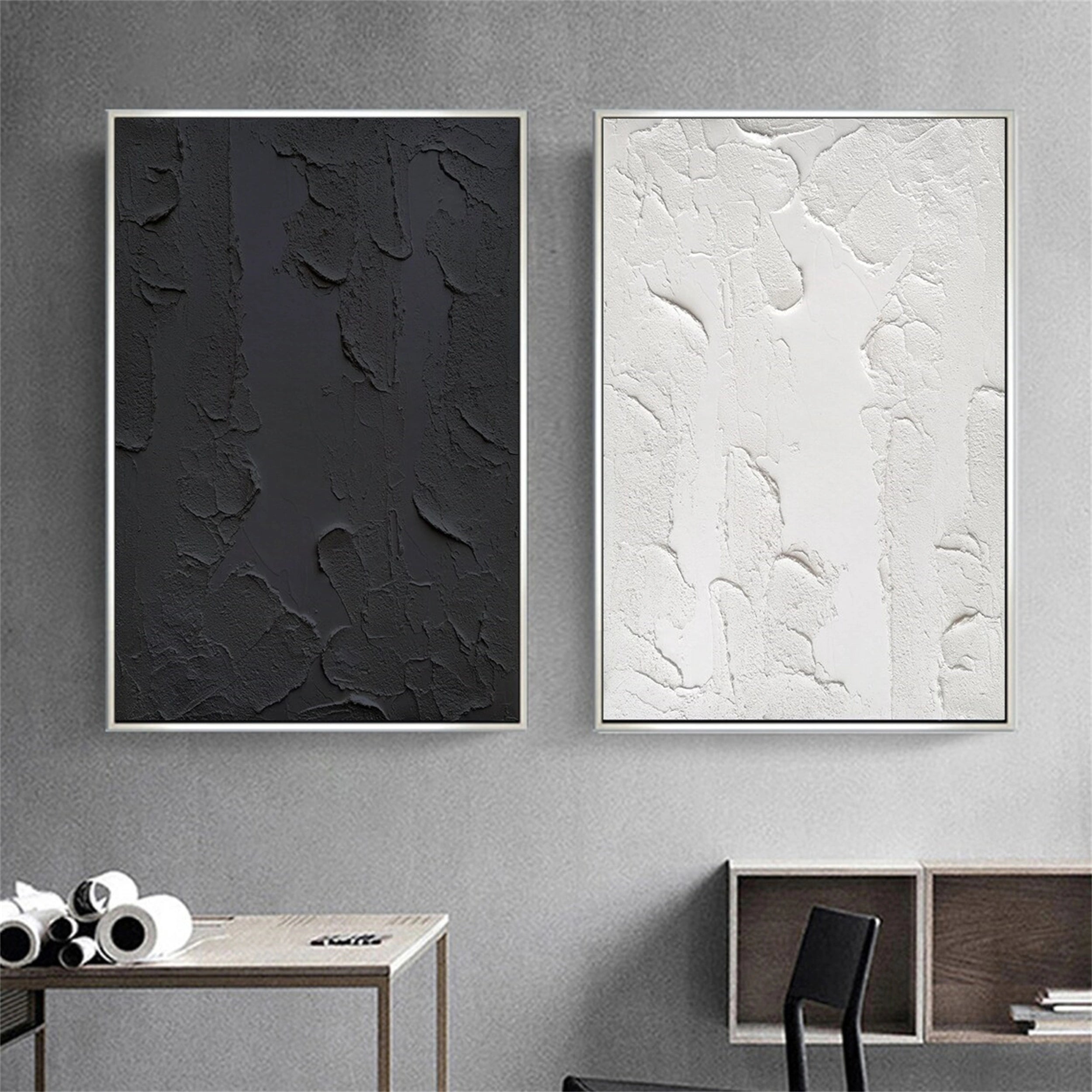 Black White Textured Minimalist Wall Art Set of 2 #MZ074