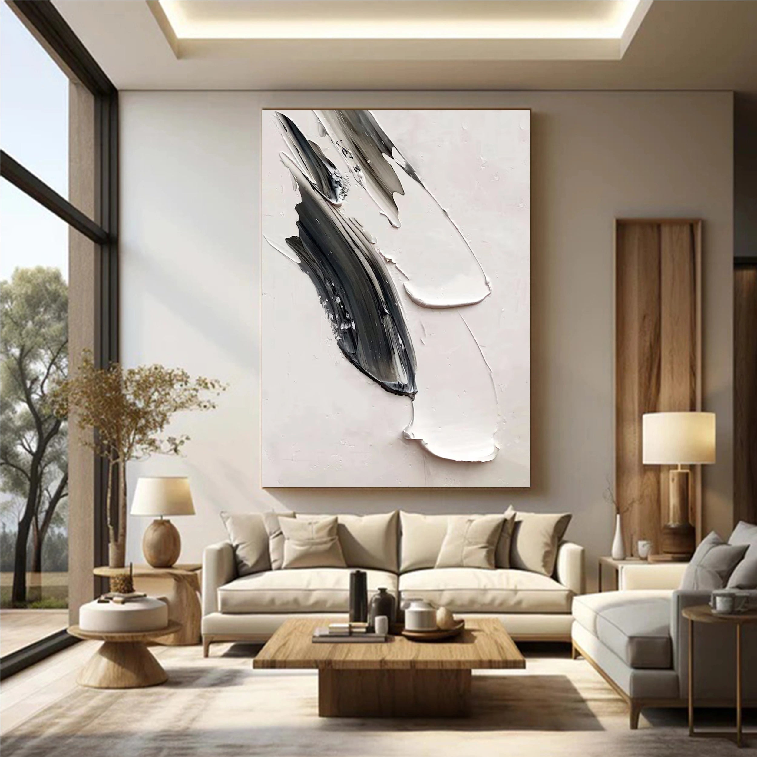 White & Black Minimalist Textured Painting Canvas #MM135