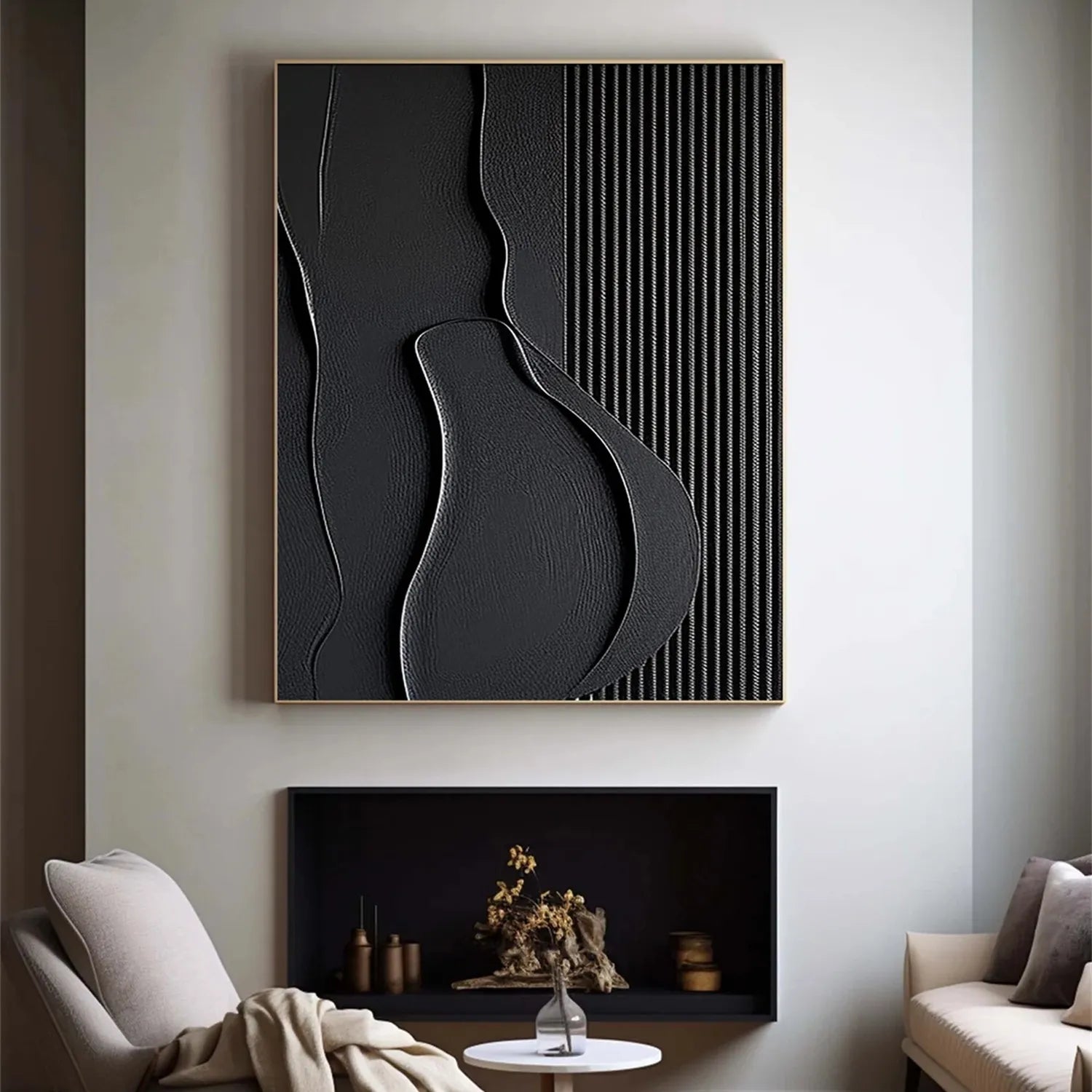 Black Minimalist Textured Painting Canvas #MZ096