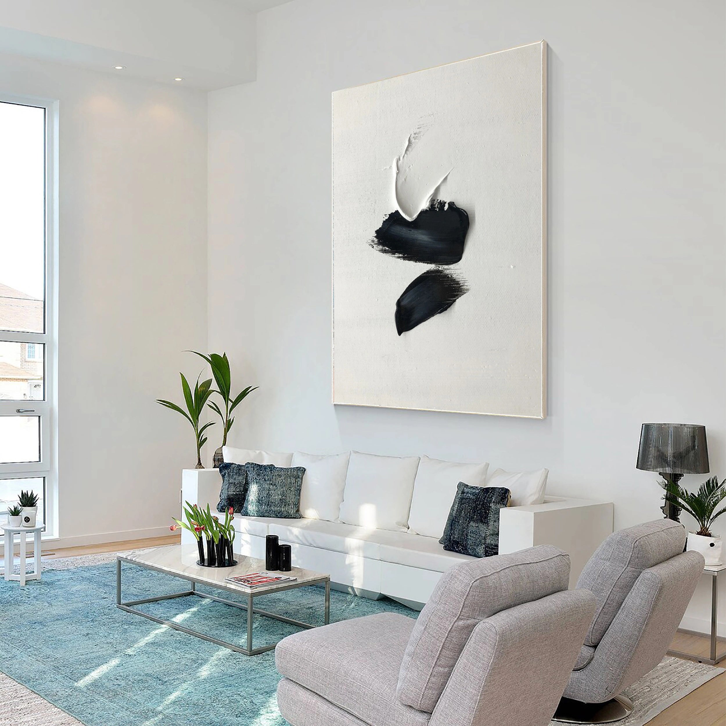 White & Black Minimalist Textured Painting Canvas #MM136