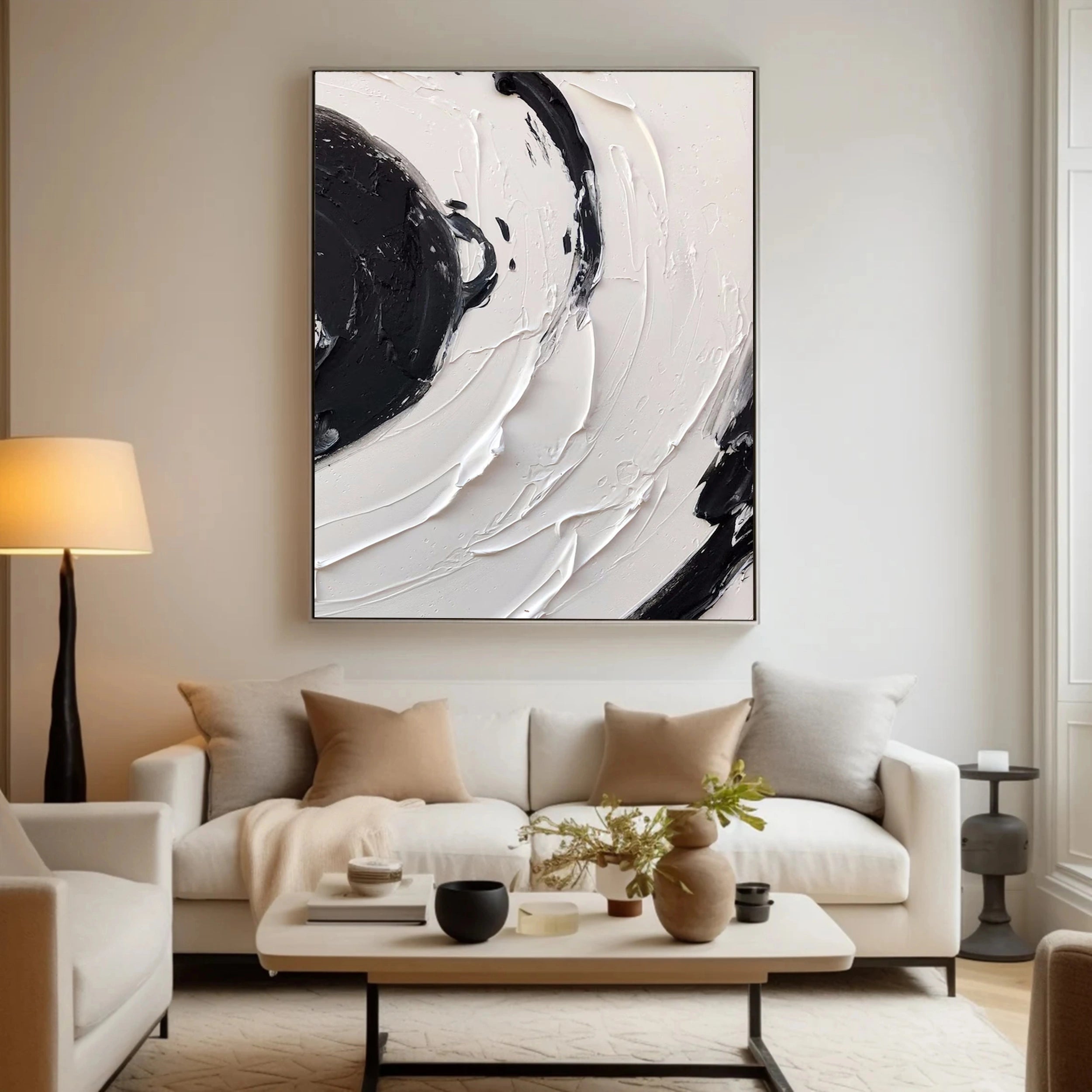 White & Black Minimalist Textured Painting Canvas #MM139