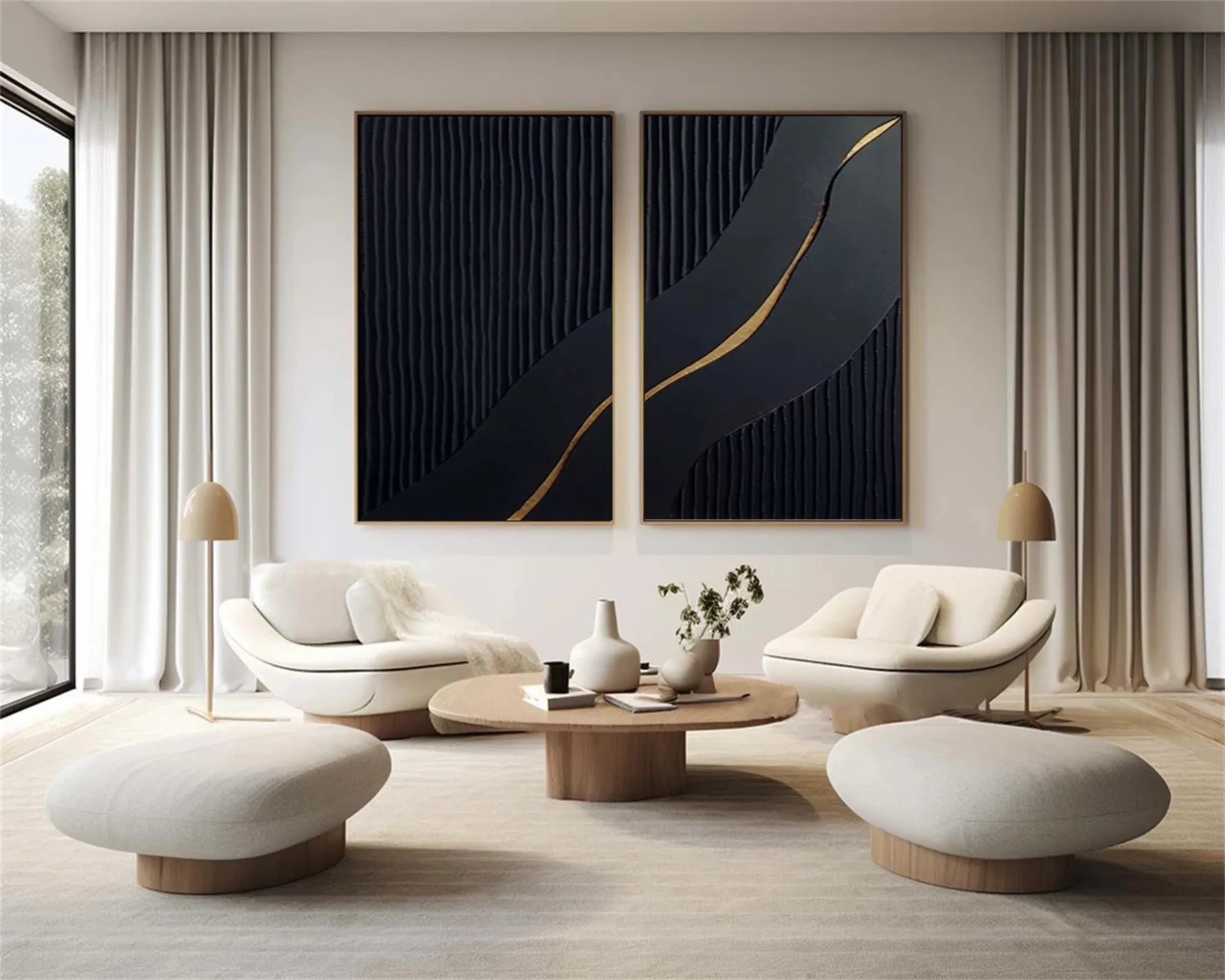 Black Gold Minimalist Textured Paintings Set of 2 #MZ080