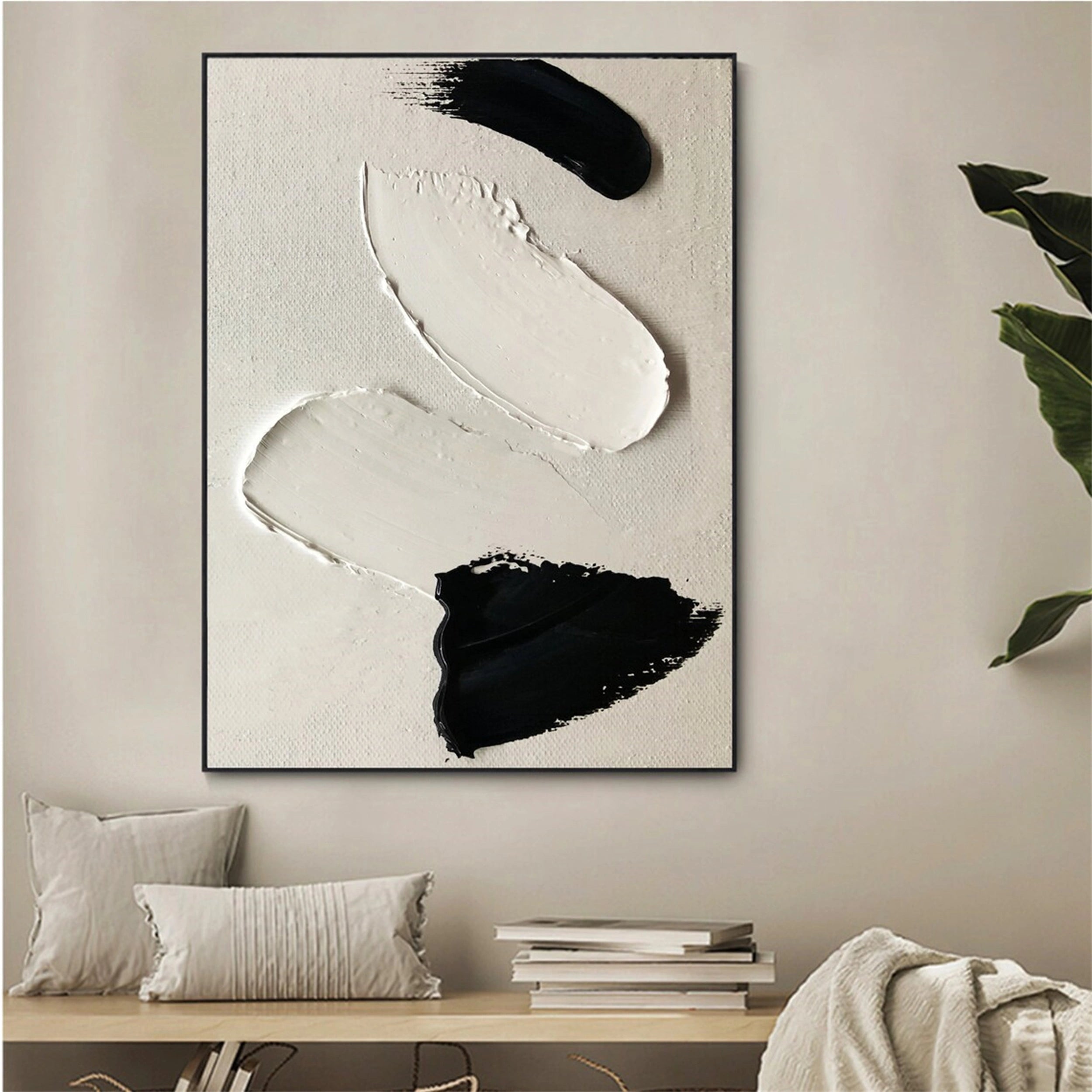 White & Black Minimalist Textured Painting Canvas #MM138