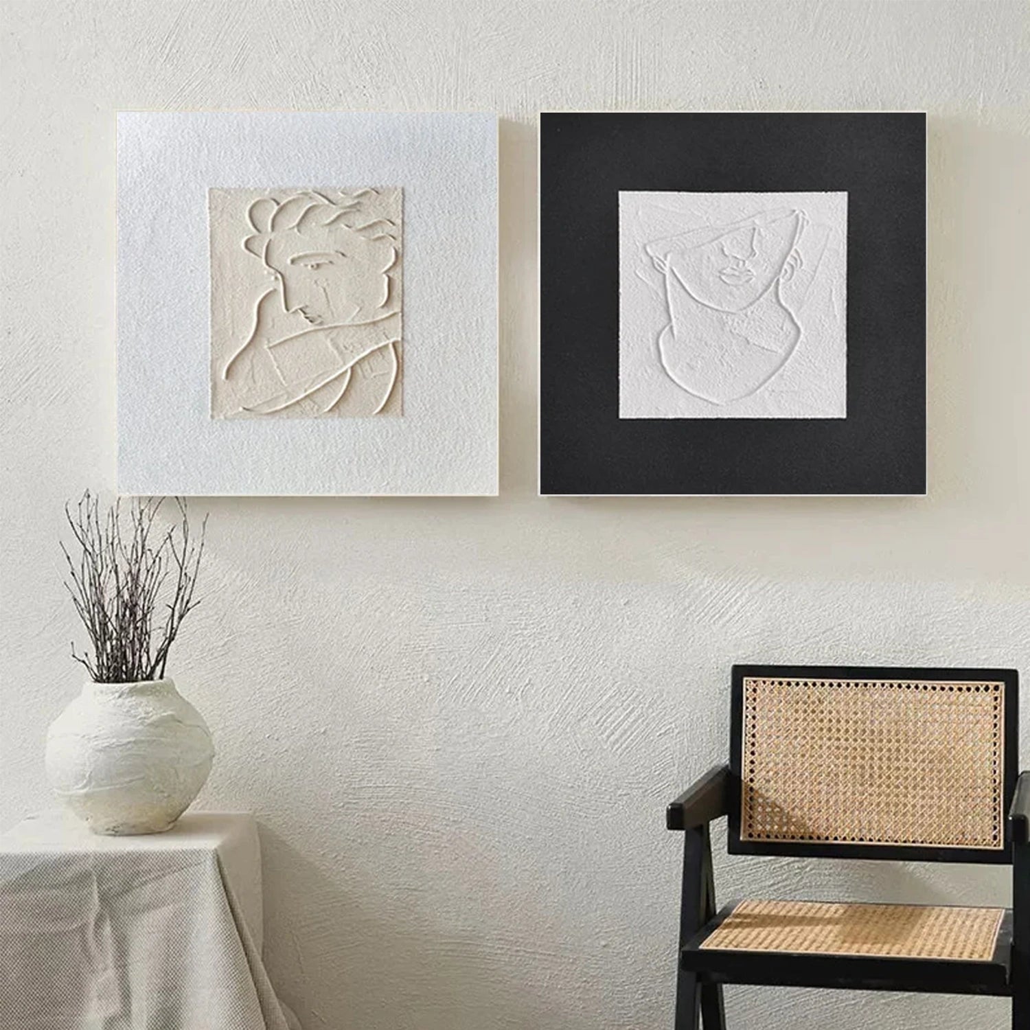 Black & White Abstract Textured Square Set of 2 Wall Art #AB 494