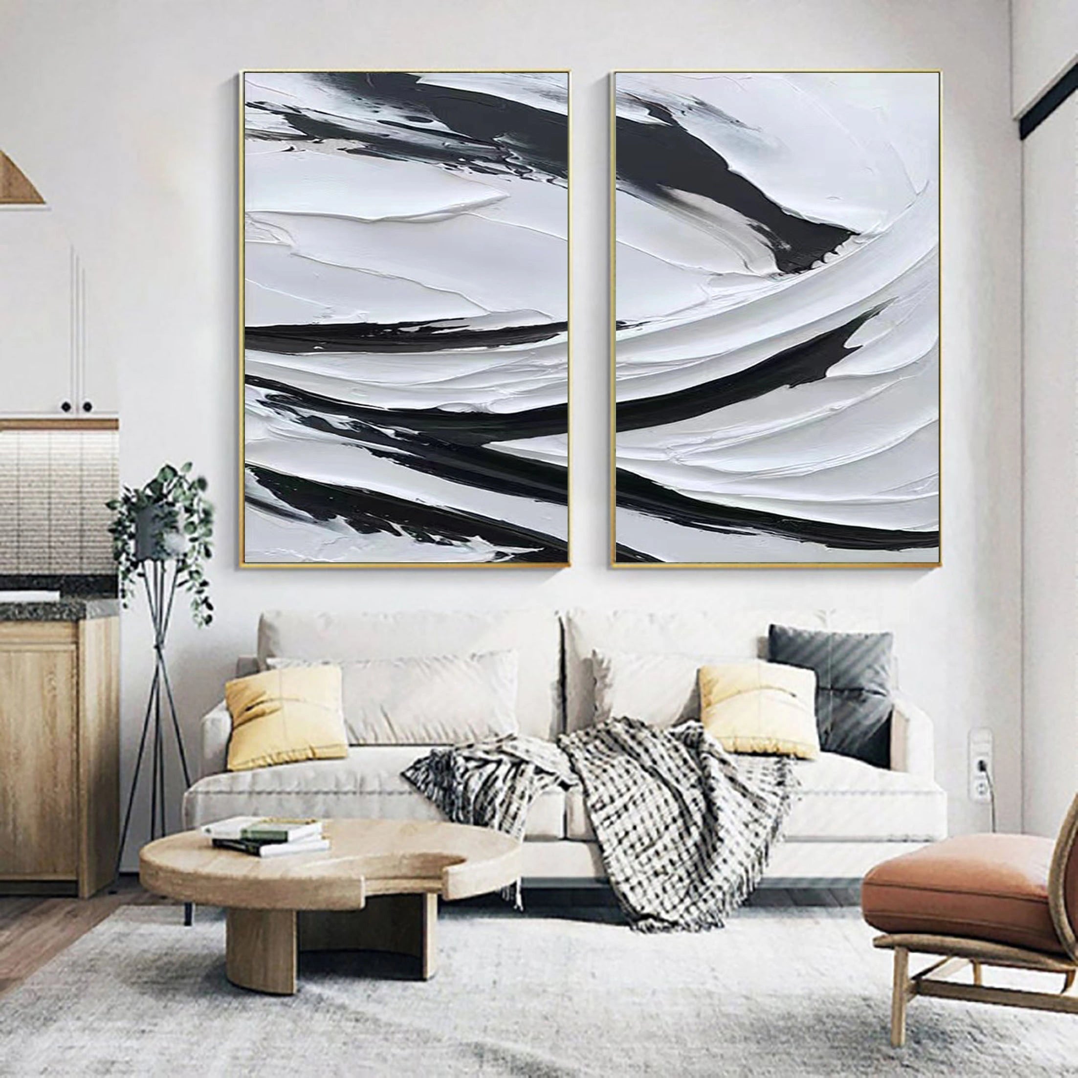 White & Black Minimalist Textured Painting Canvas #MM063