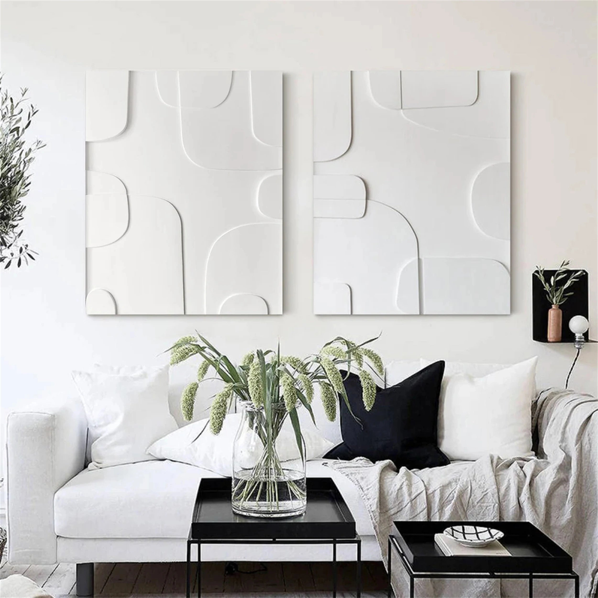 White Minimalist Textured Paintings Canvas Set of 2 #MM147