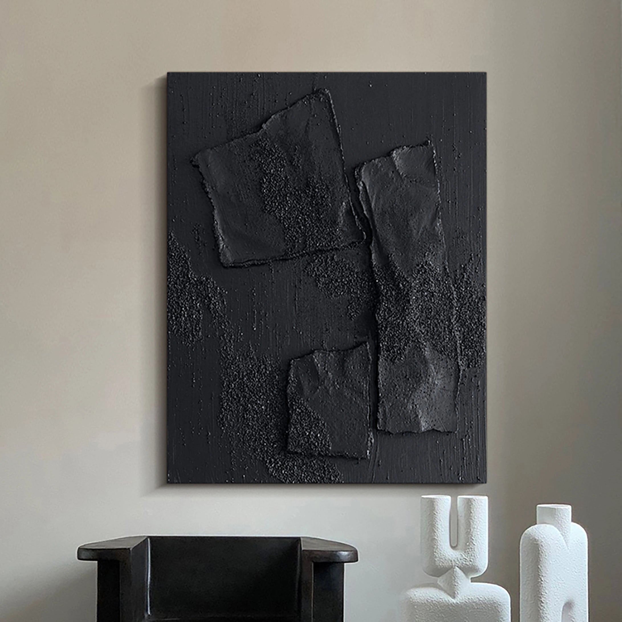 Black Plaster Art Minimalist Textured Painting #MZ004-Vertical