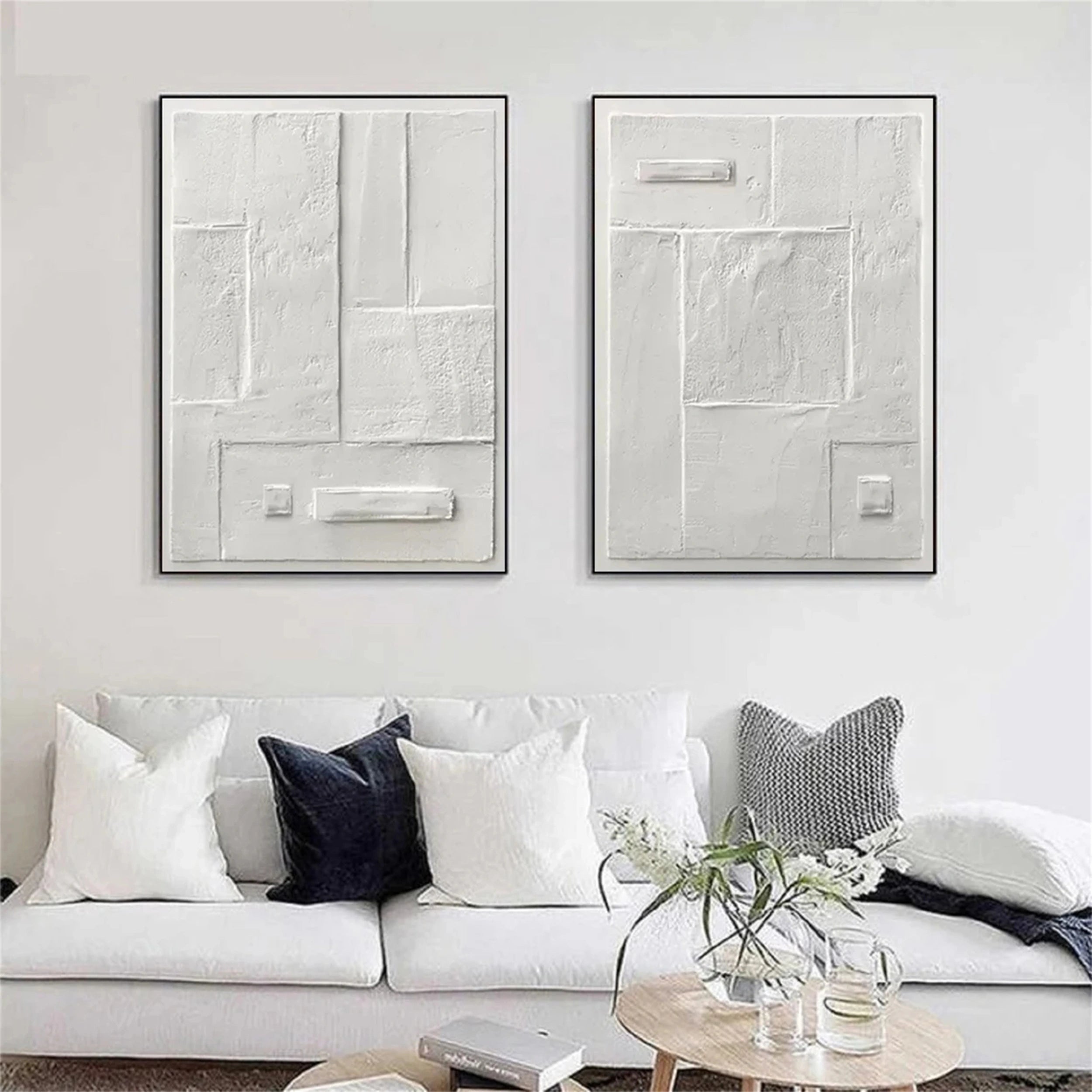 White Minimalist Textured Paintings Canvas Set of 2 #MM146