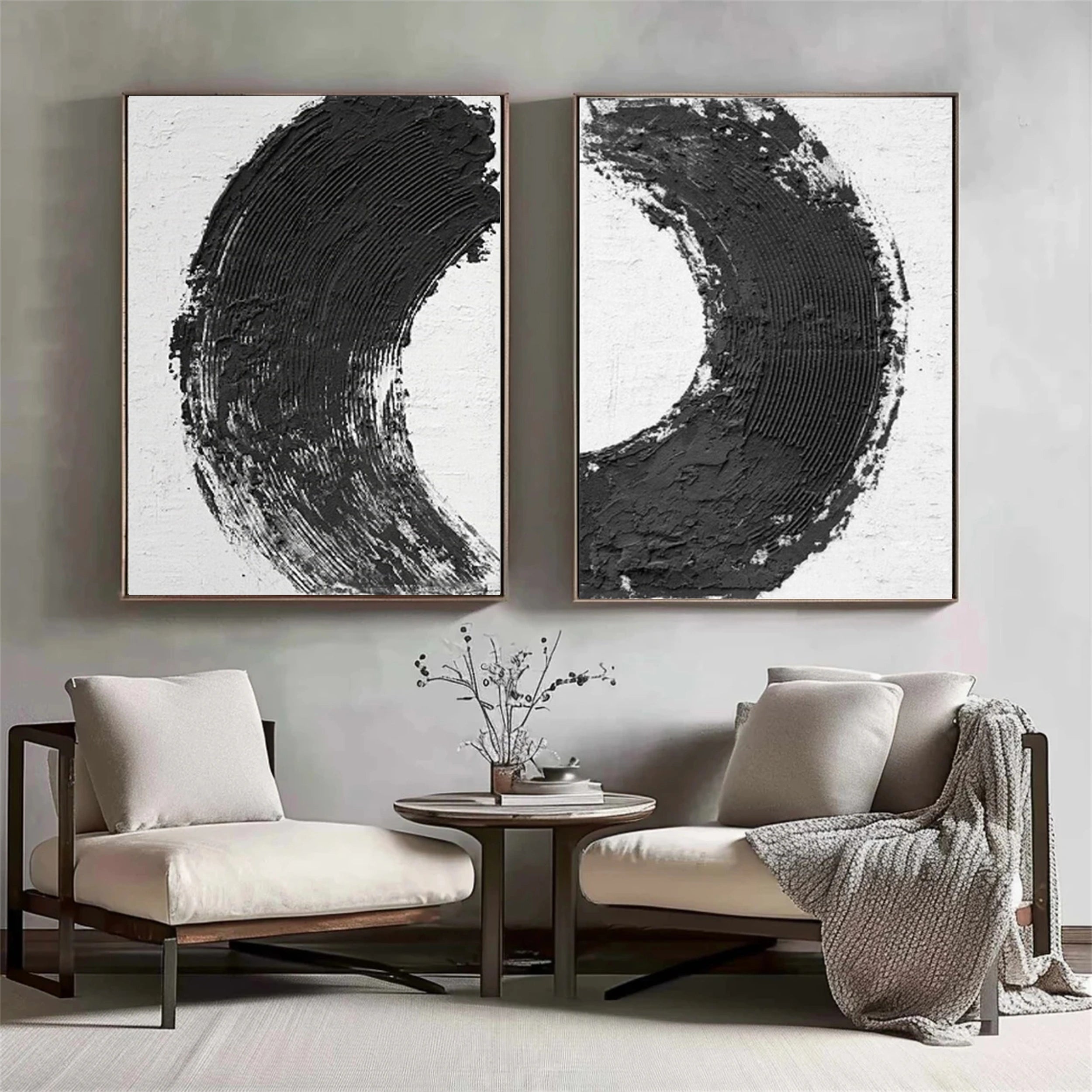 Black White Textured Minimalist Wall Art Set of 2 #MZ070
