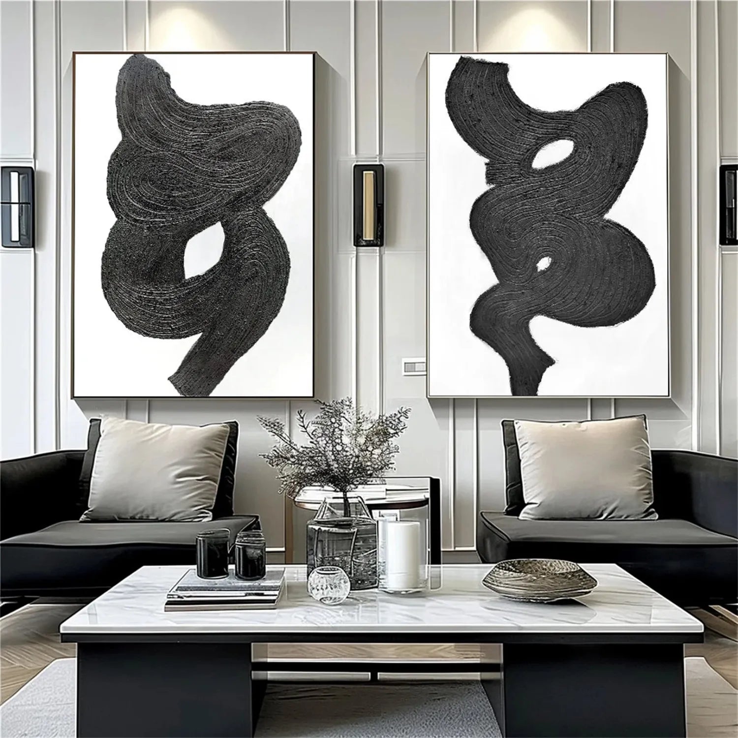 Black White Textured Minimalist Wall Art Set of 2 #MZ114