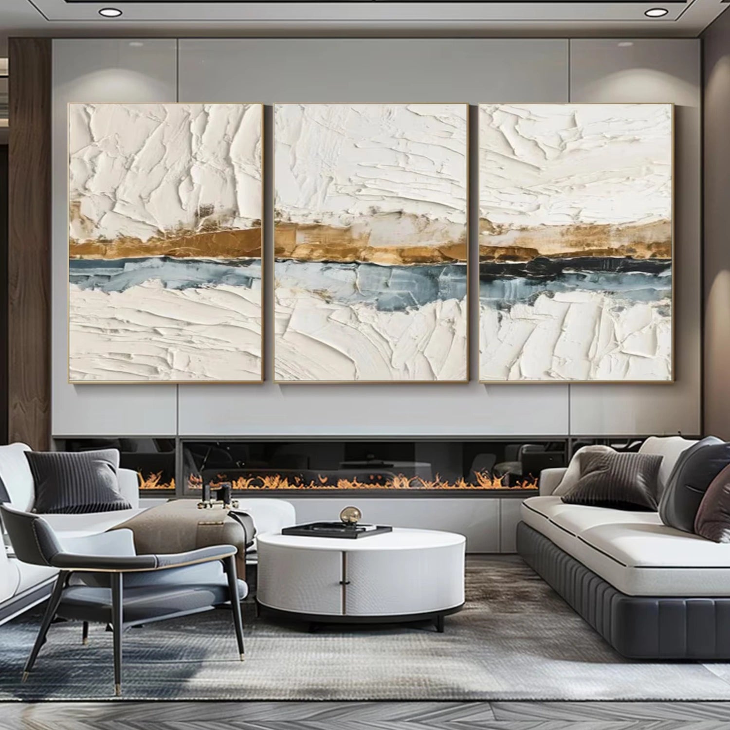 White Gold Minimalist Textured Wall Art Set of 3 #MM354