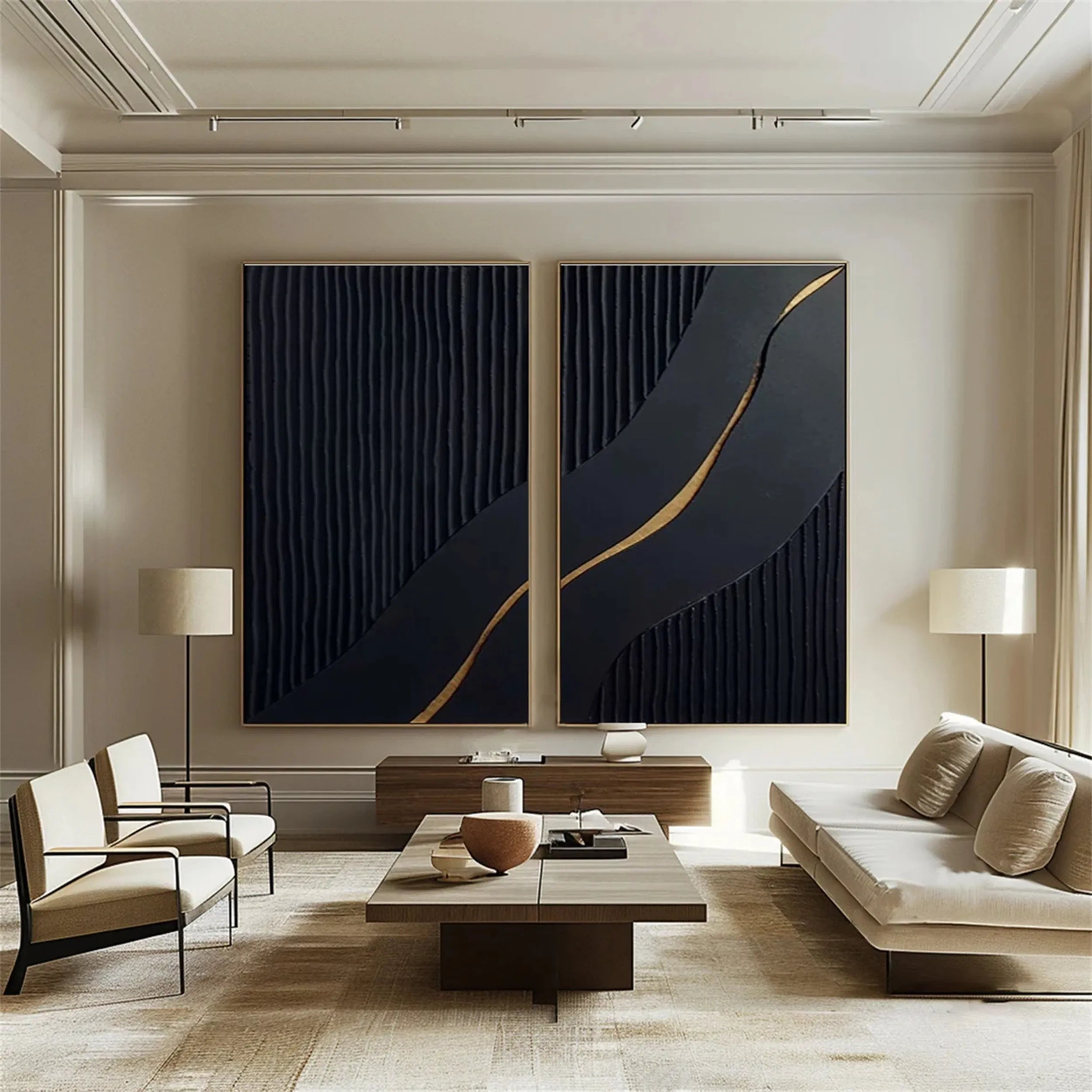 Black Gold Minimalist Textured Paintings Set of 2 #MZ080