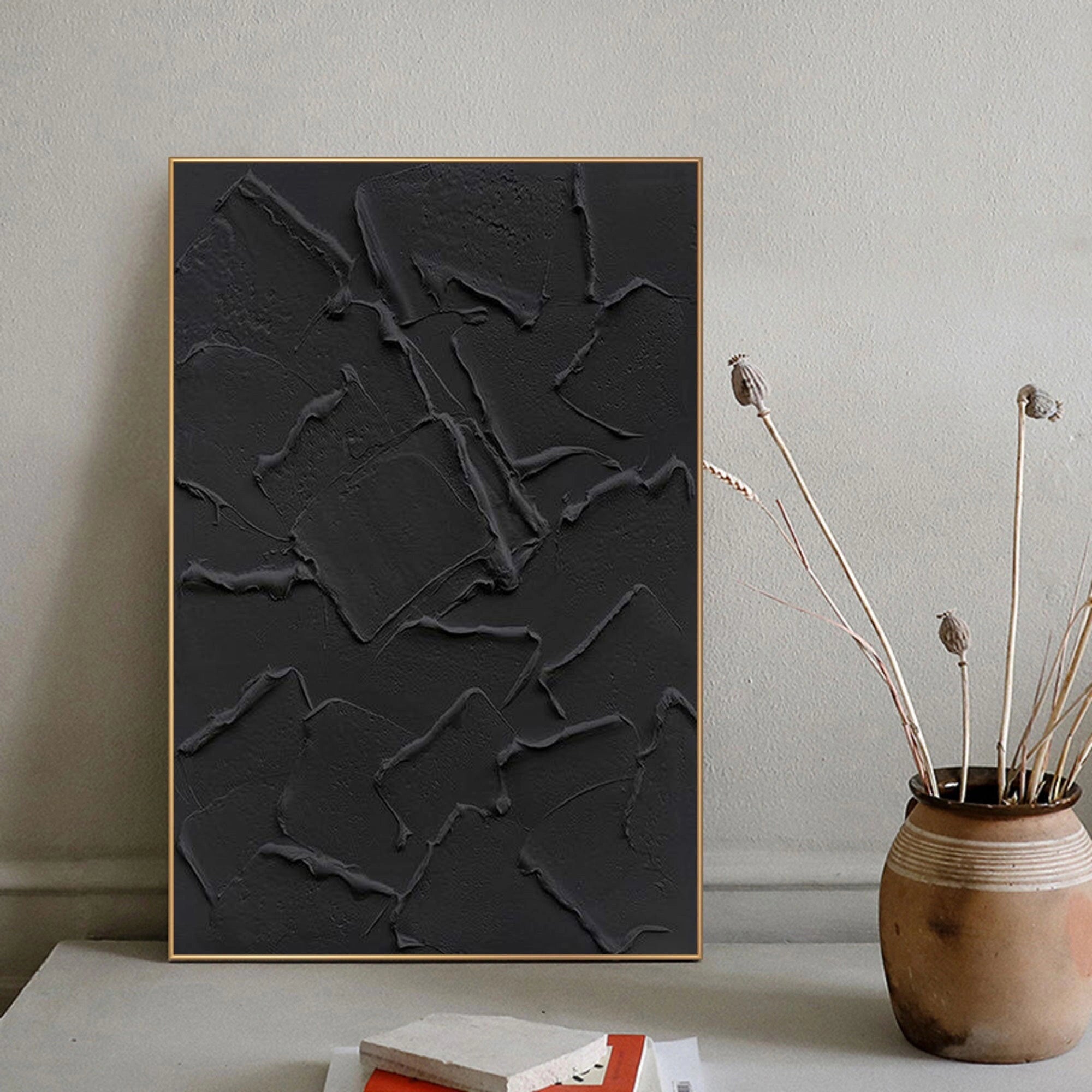 Black Minimalist Textured Painting Canvas #MZ006