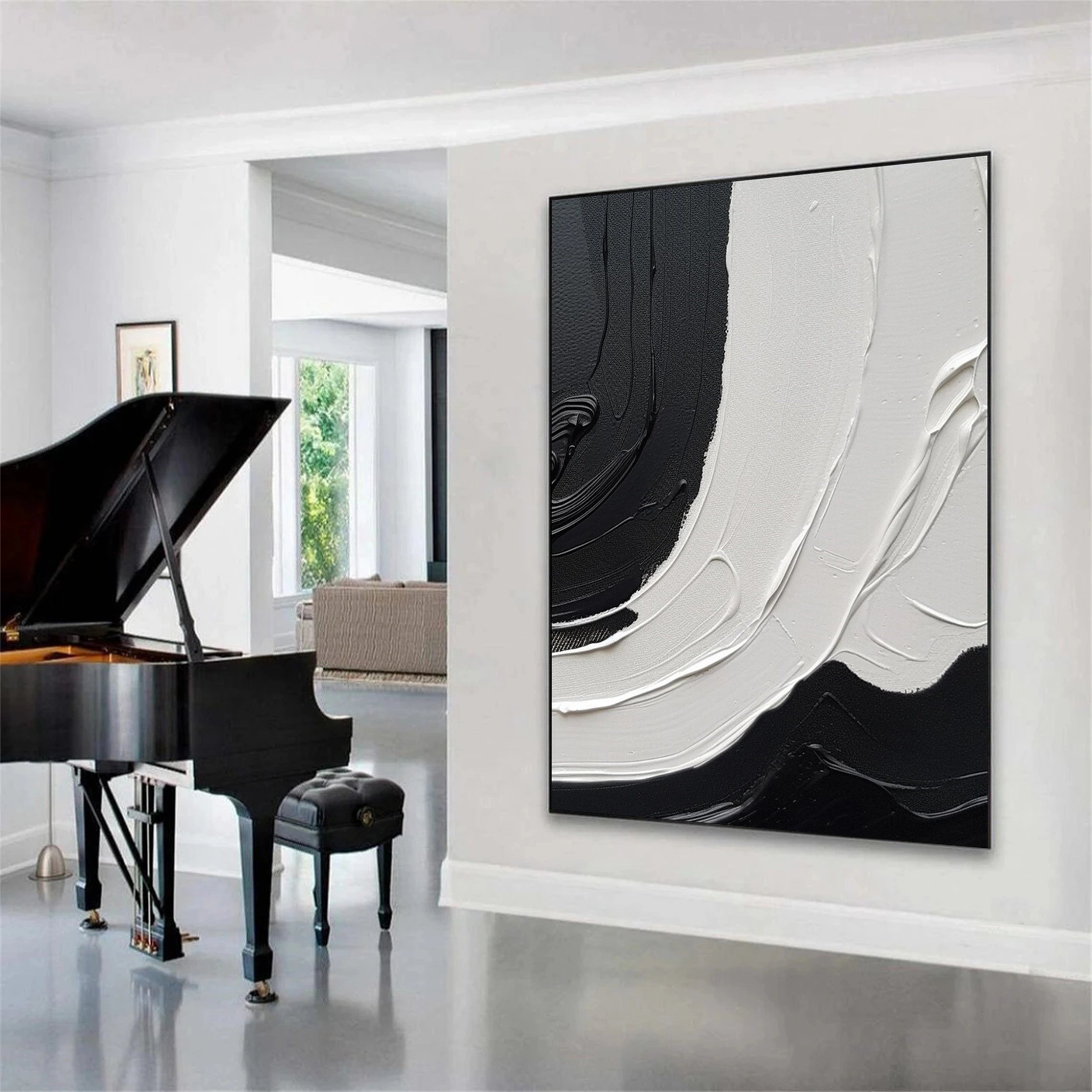 White & Black Minimalist Textured Painting Canvas #MM152