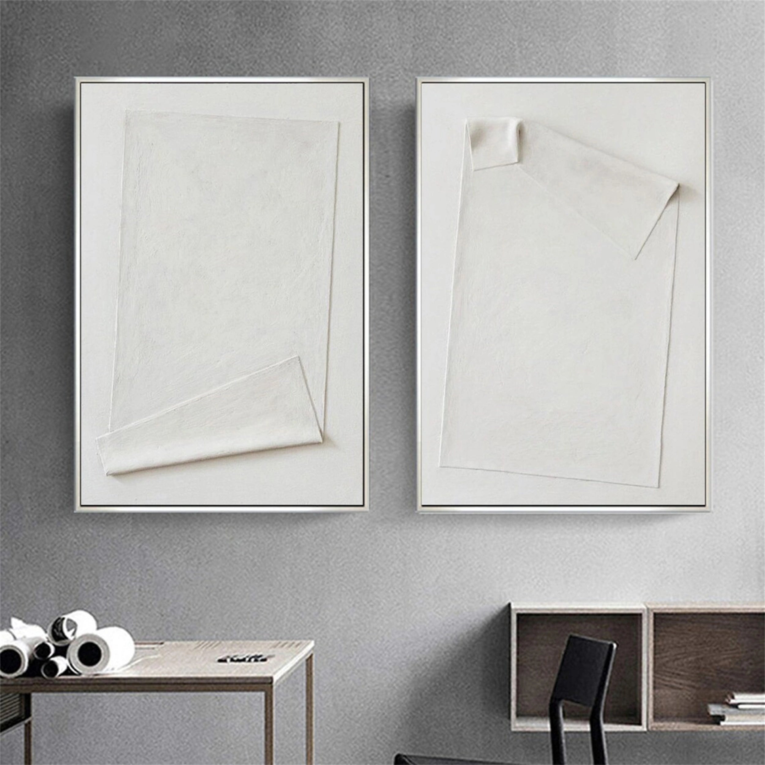 White Minimalist Textured Paintings Canvas Set of 2 #MM145