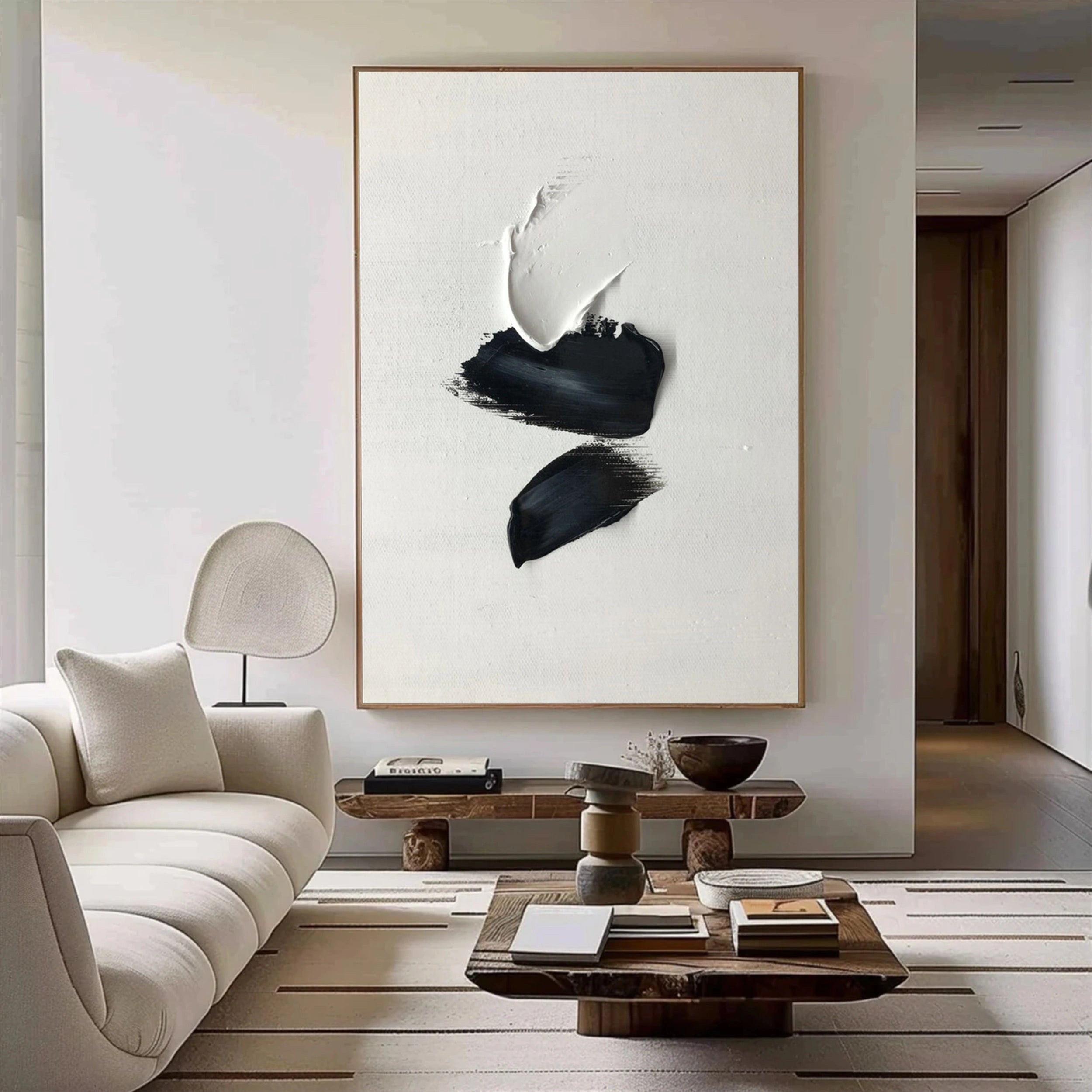 White & Black Minimalist Textured Painting Canvas #MM136