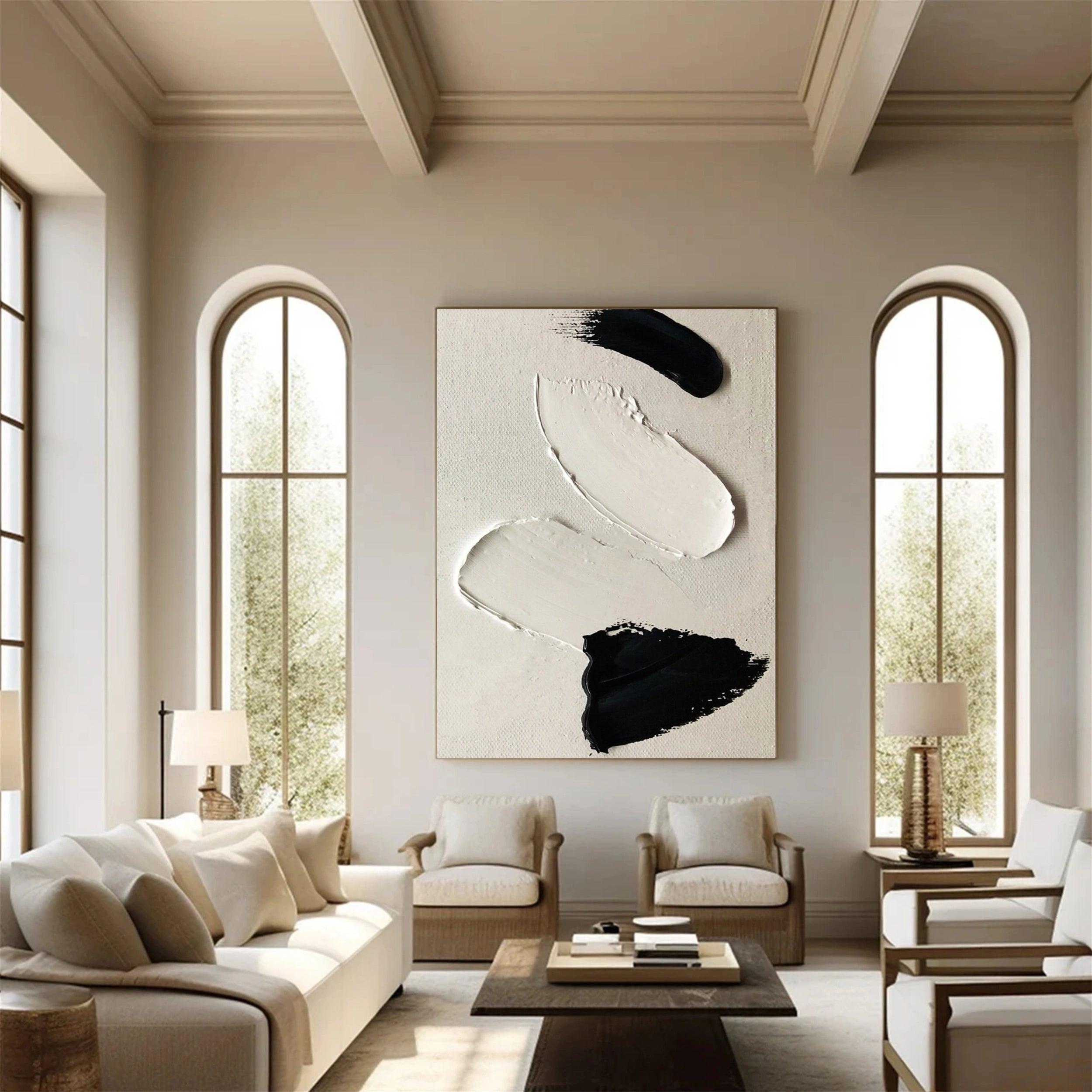 White & Black Minimalist Textured Painting Canvas #MM138