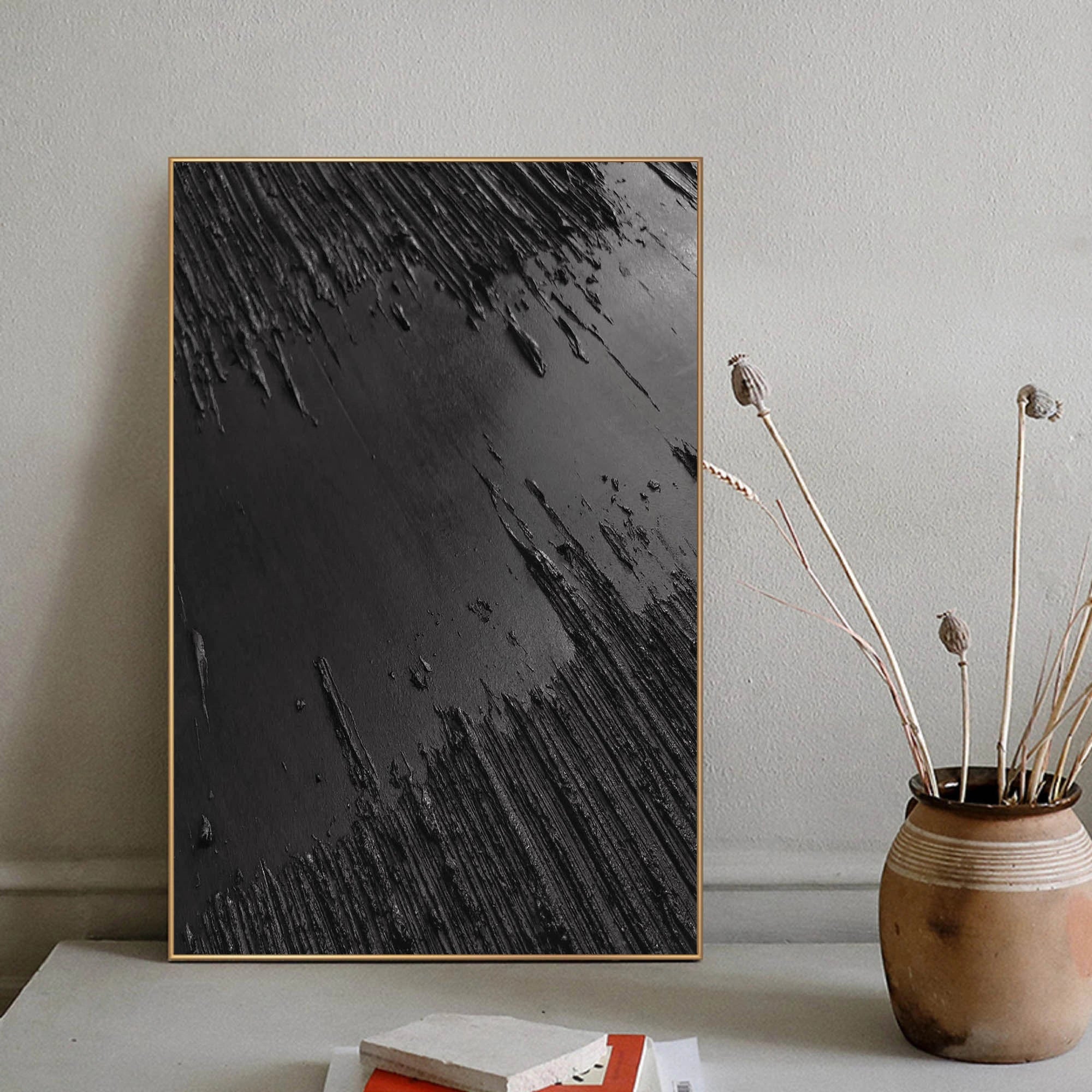 Black Minimalist Textured Painting Canvas #MZ013