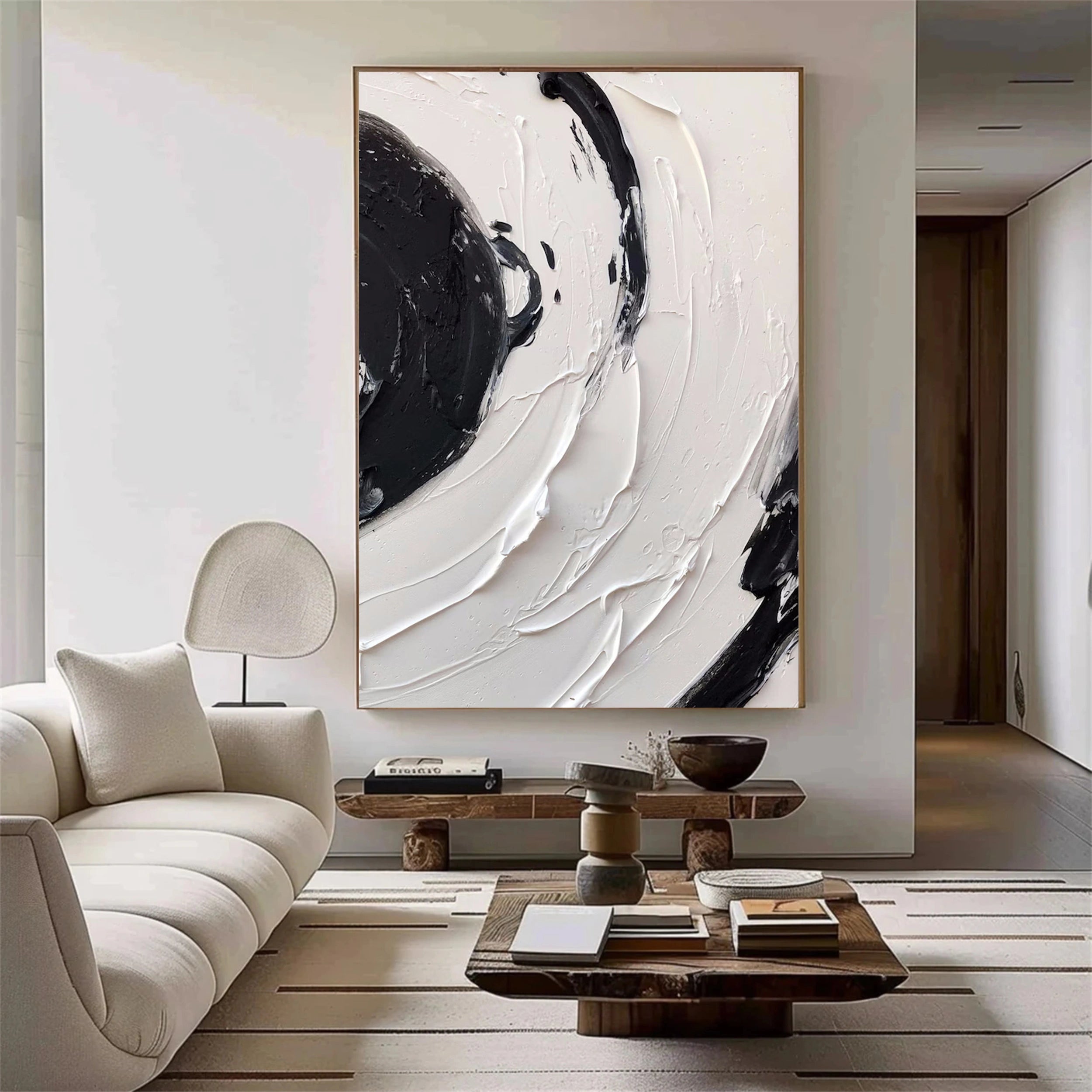 White & Black Minimalist Textured Painting Canvas #MM139