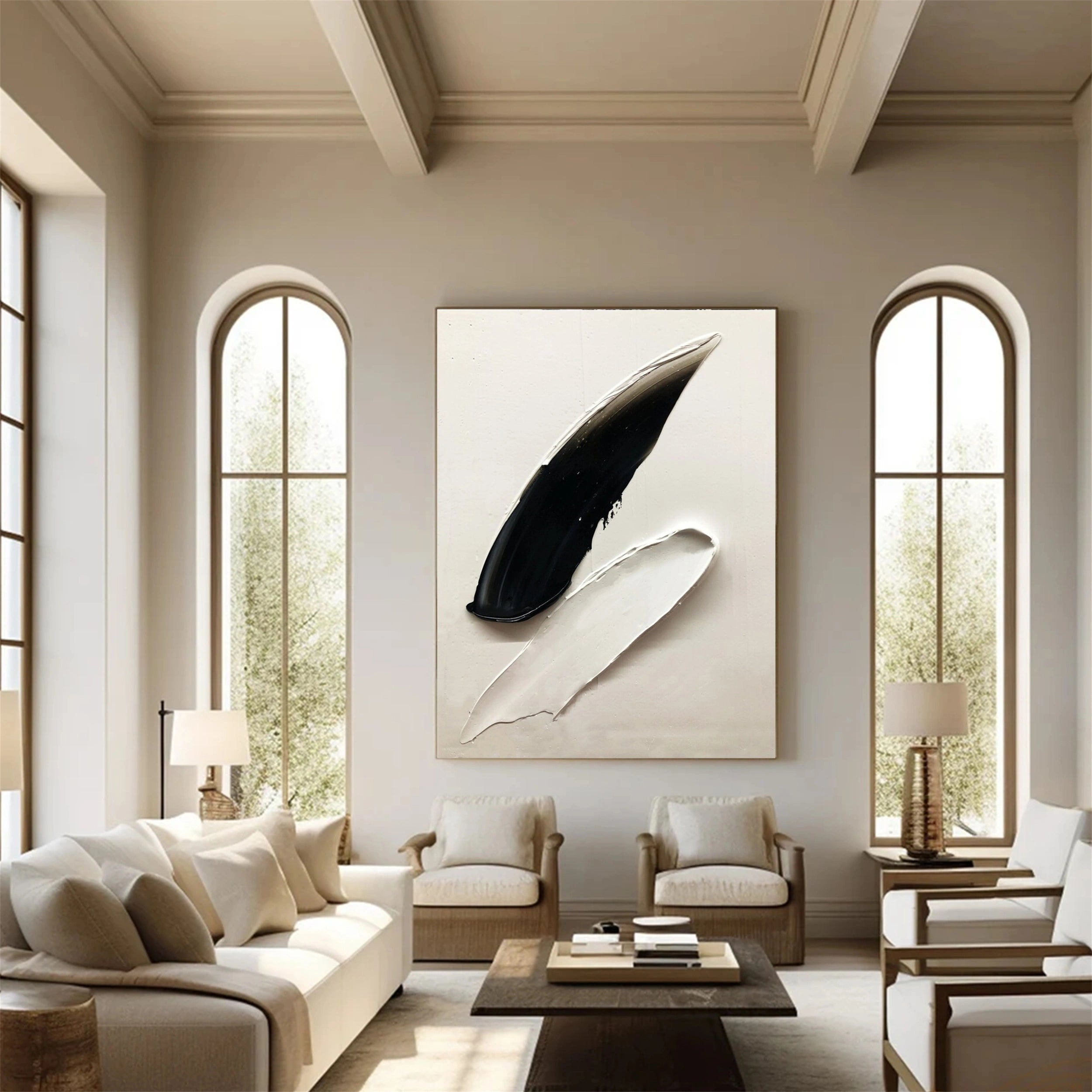 White & Black Minimalist Textured Painting Canvas #MM137