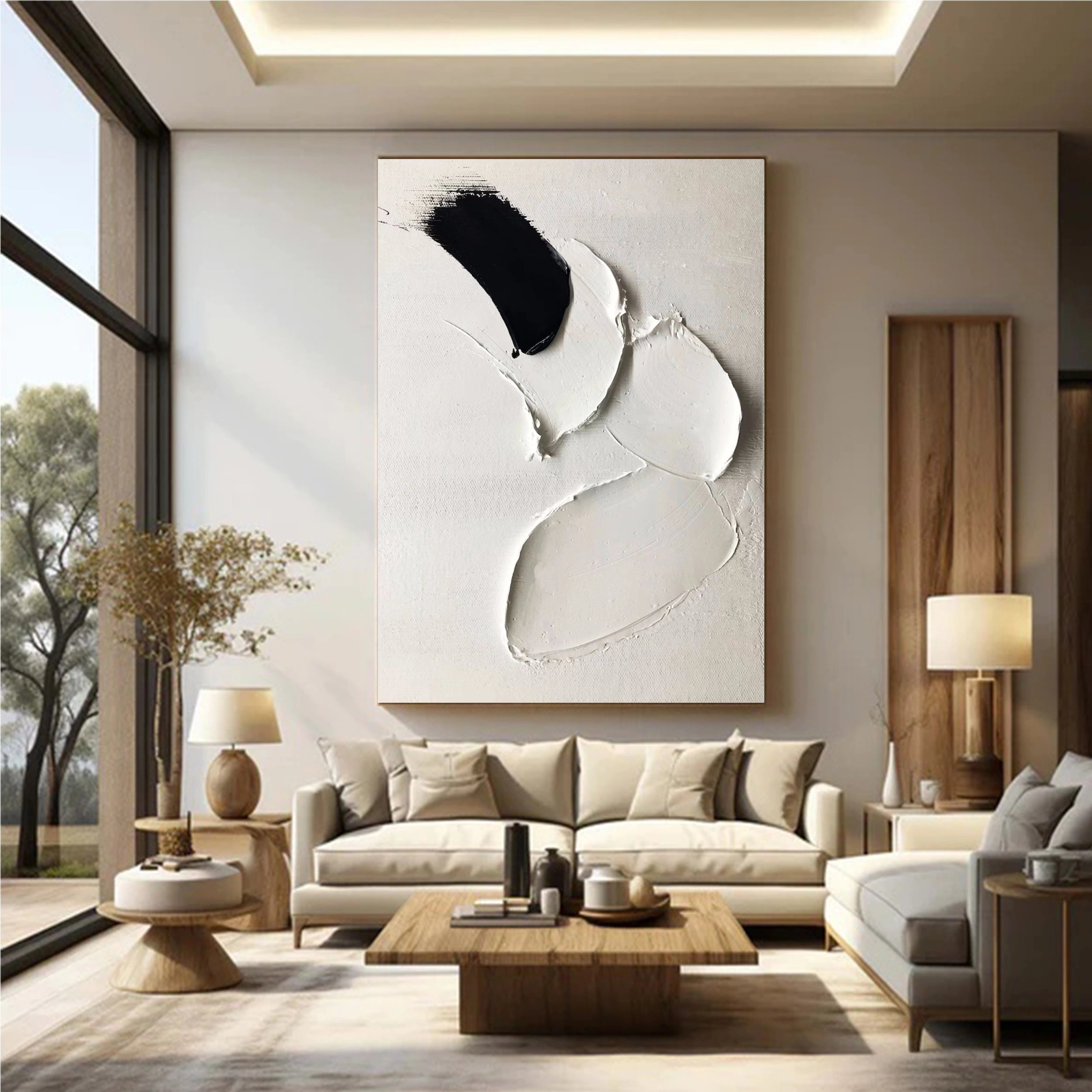 White & Black Minimalist Textured Painting Canvas #MM134