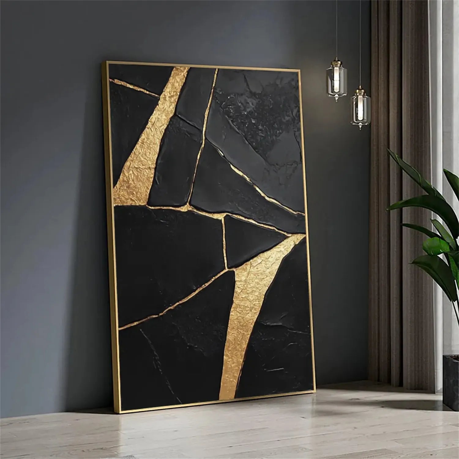 Black Gold Minimalist Textured Painting Canvas #MZ123