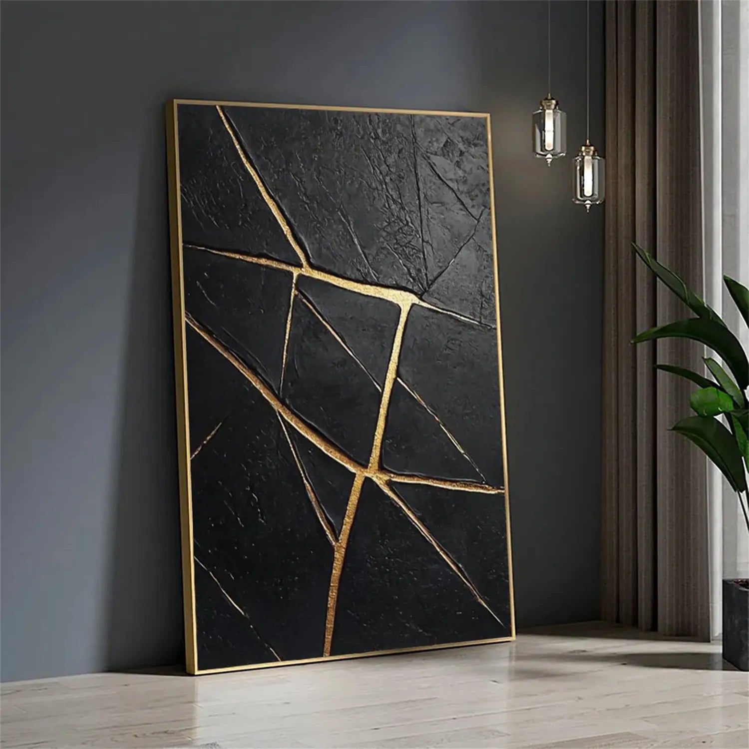 Black Gold Minimalist Textured Painting Canvas #MZ121