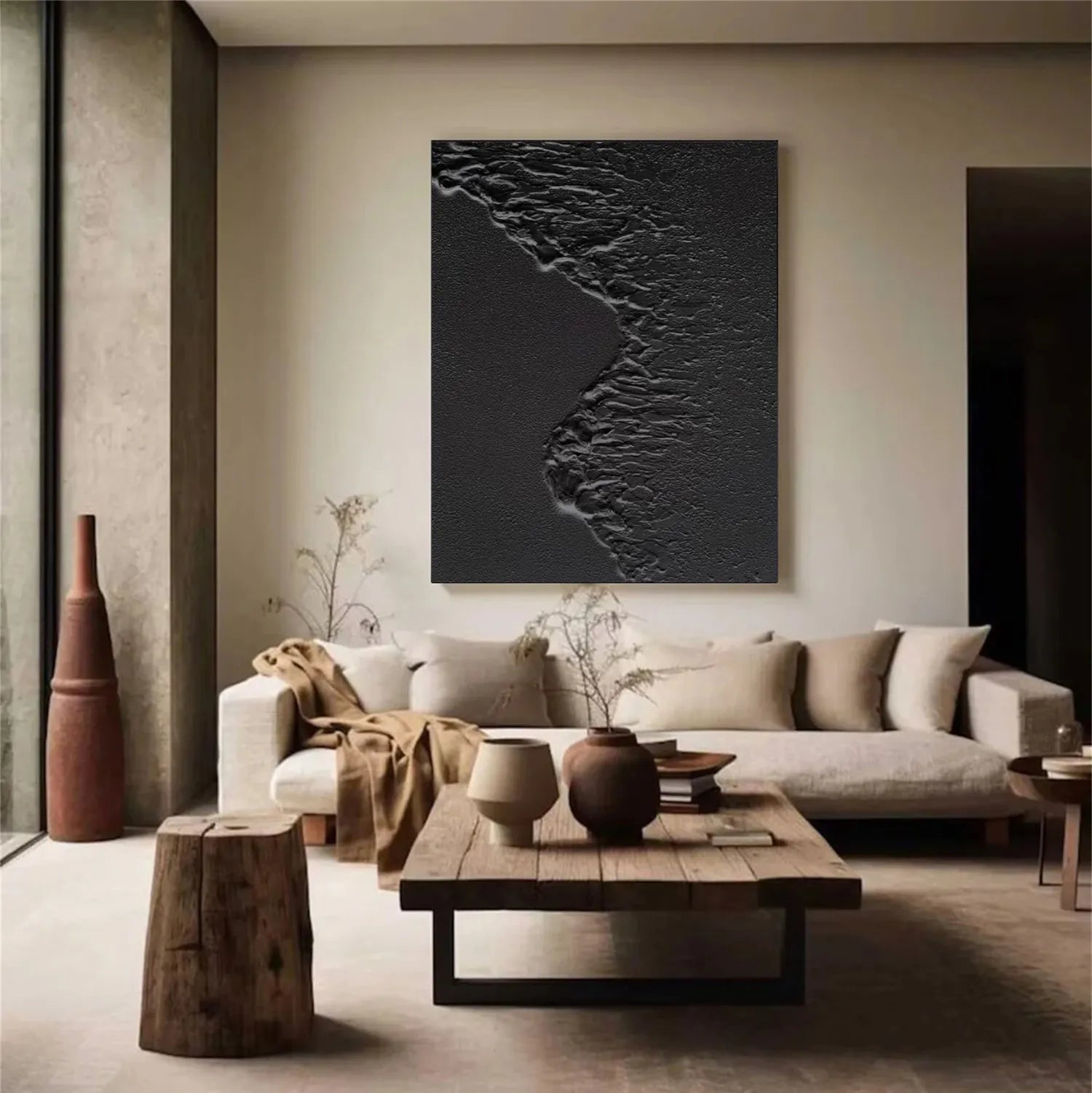 Black Plaster Art Minimalist Textured Painting #MZ105