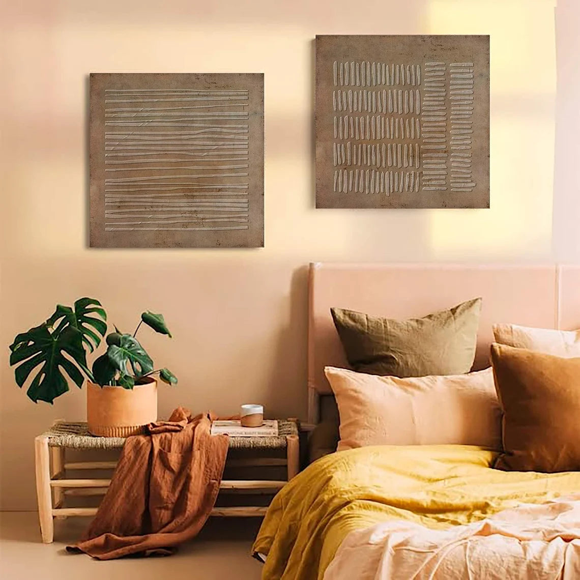 Beige & Brown Abstract Textured Square Set of 2 Wall Art #BB168