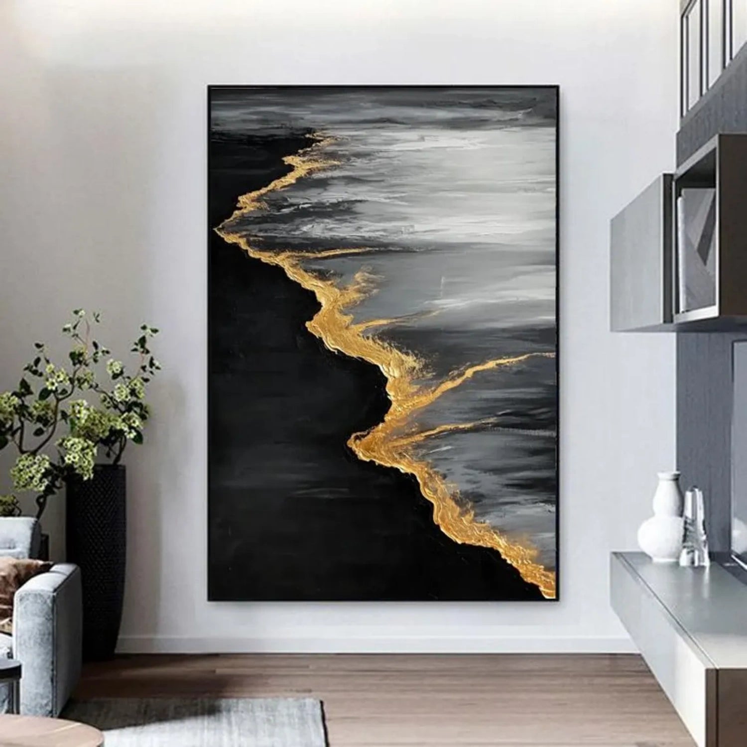Back & Gold Ocean And Sky Abstract Textured Canvas Art #OS 288