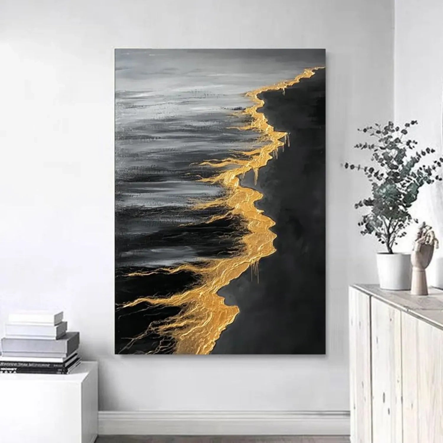 Back & Gold Ocean And Sky Abstract Textured Canvas Art #OS 288