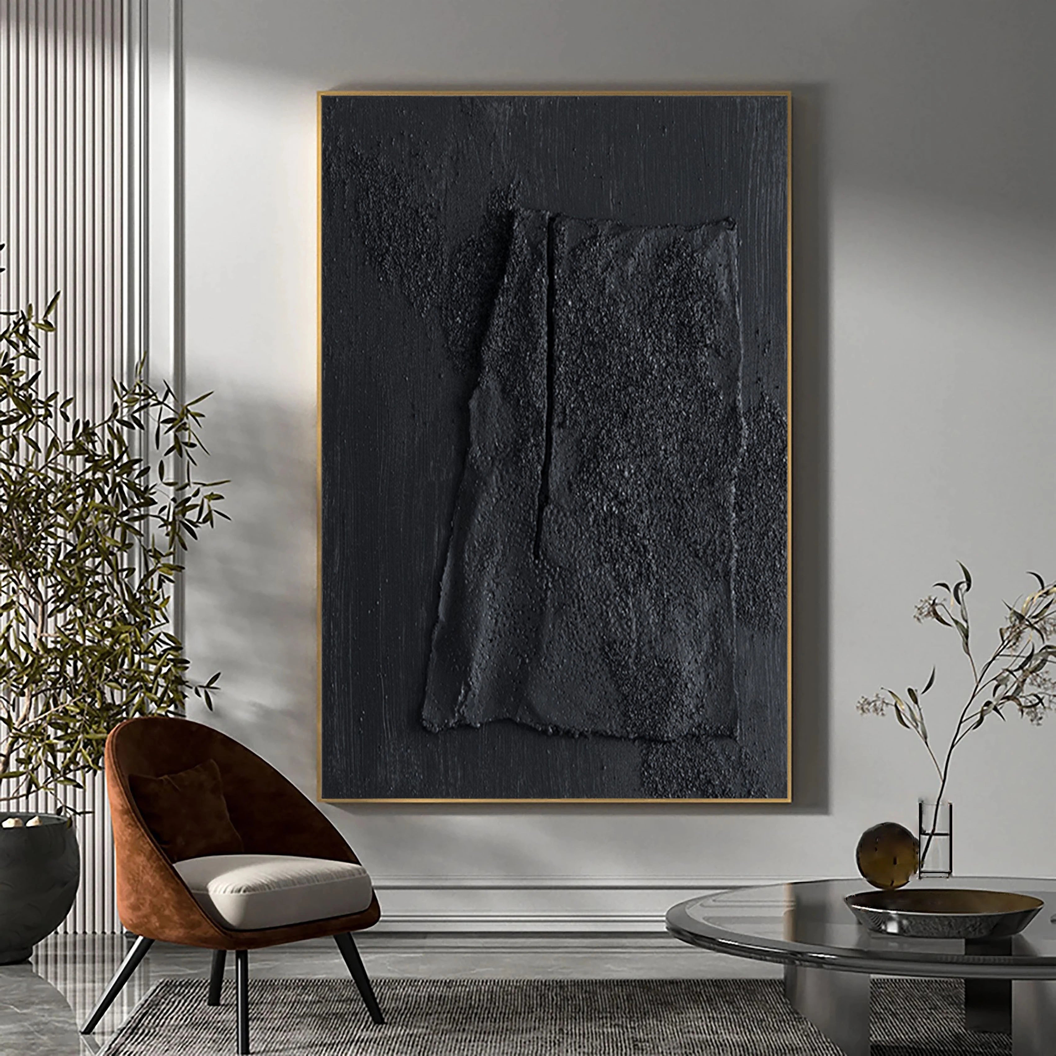Black Plaster Art Minimalist Textured Painting #MZ003-Vertical