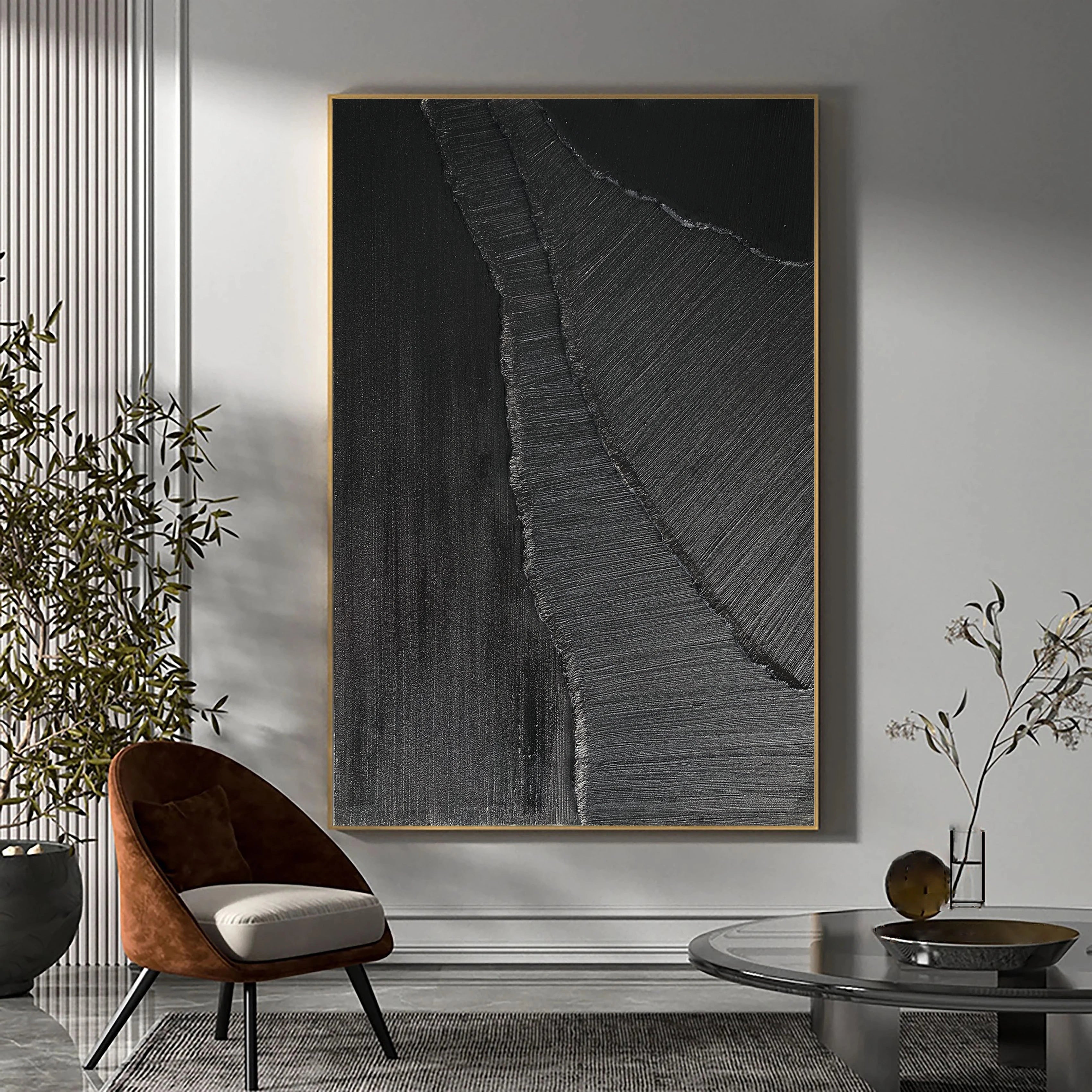 Black Minimalist Textured Painting Canvas #MZ005