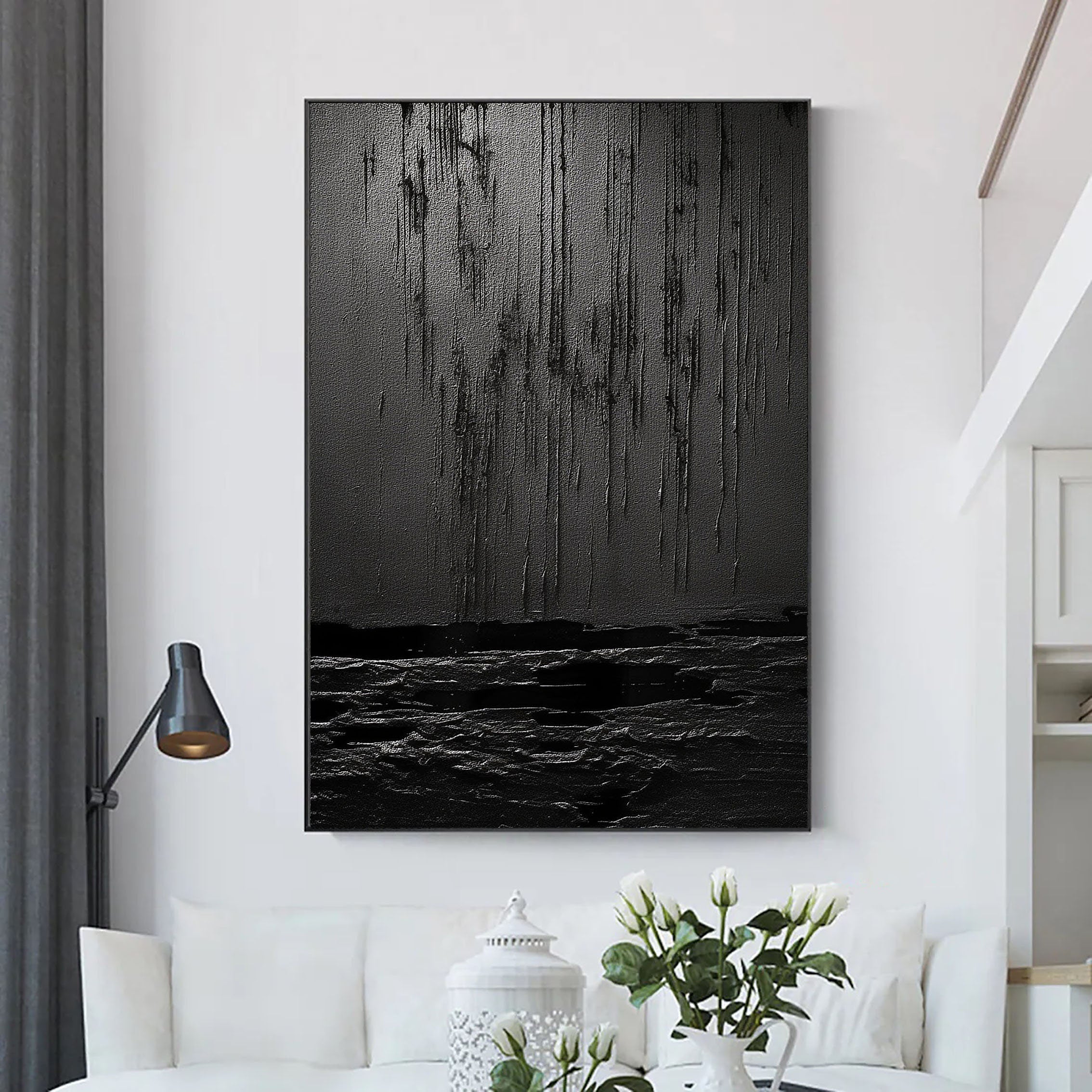Black Minimalist Textured Painting Canvas #MZ031