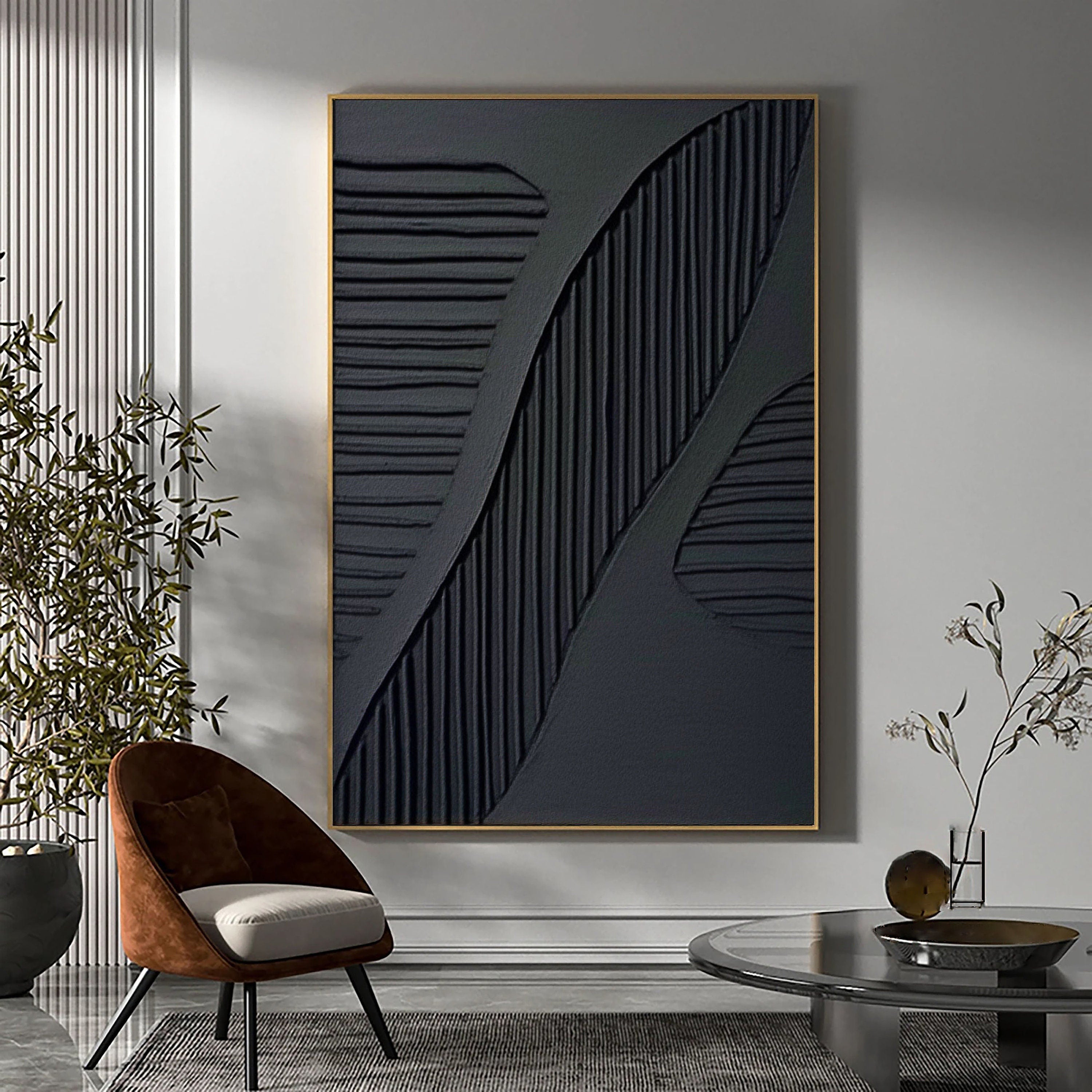 Black Plaster Art Minimalist Textured Painting #MZ036