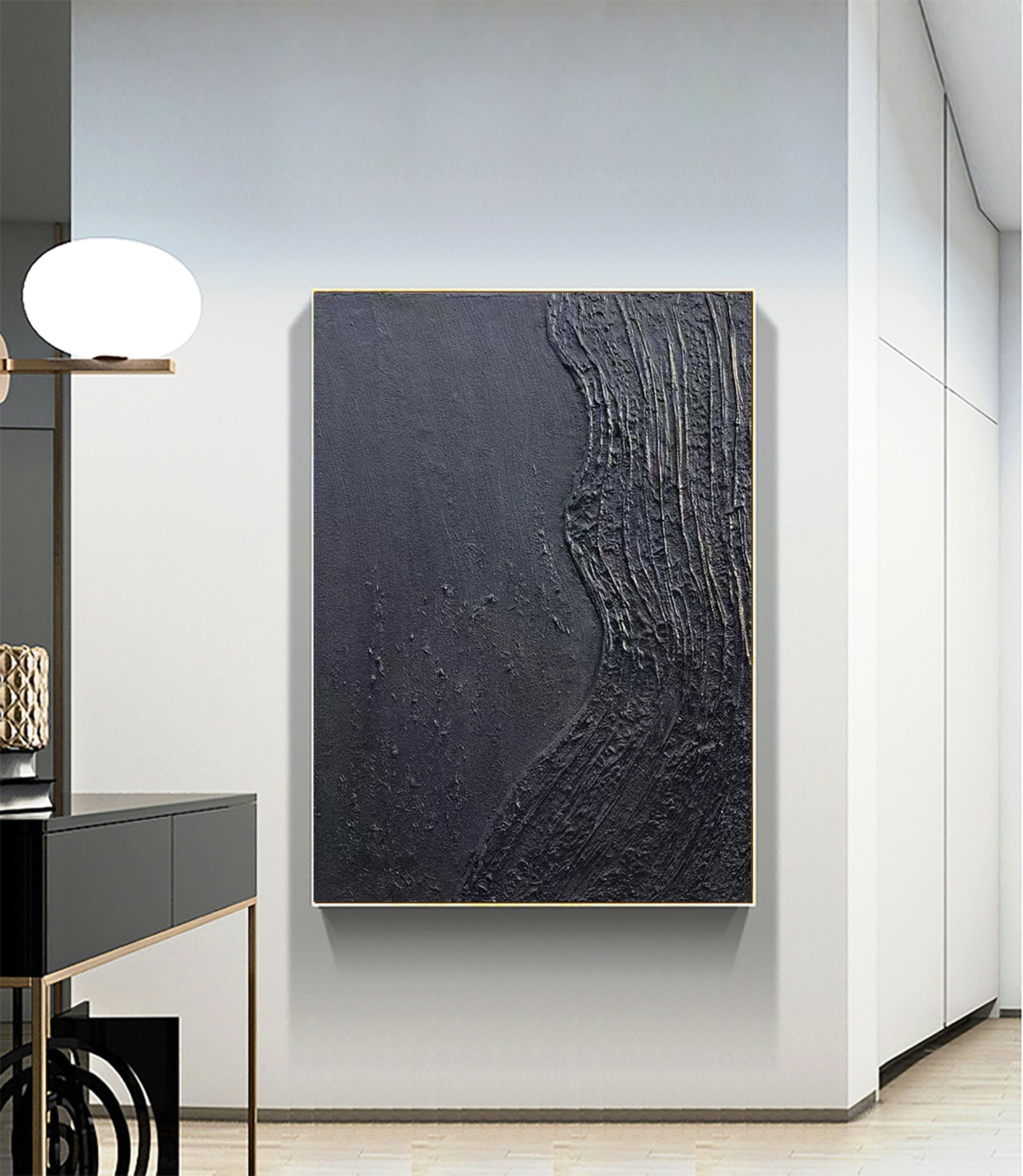 Black Blue Minimalist Textured Painting Canvas #MZ038