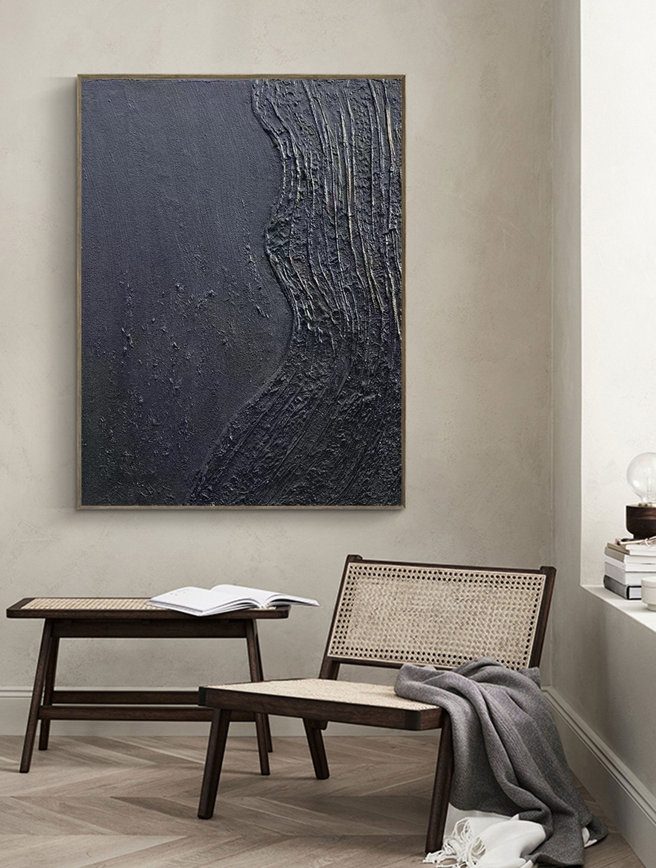 Black Blue Minimalist Textured Painting Canvas #MZ038