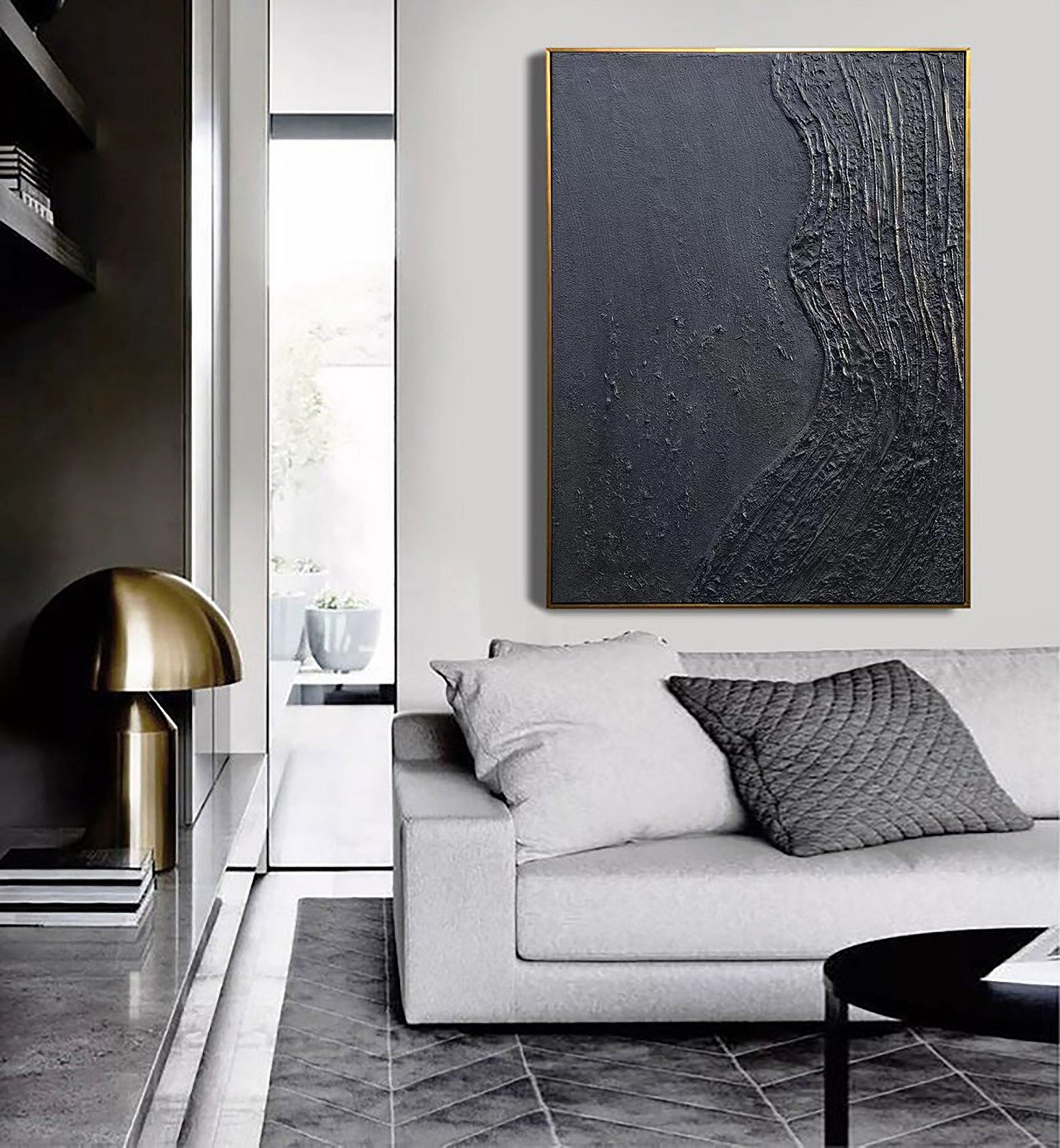 Black Blue Minimalist Textured Painting Canvas #MZ038