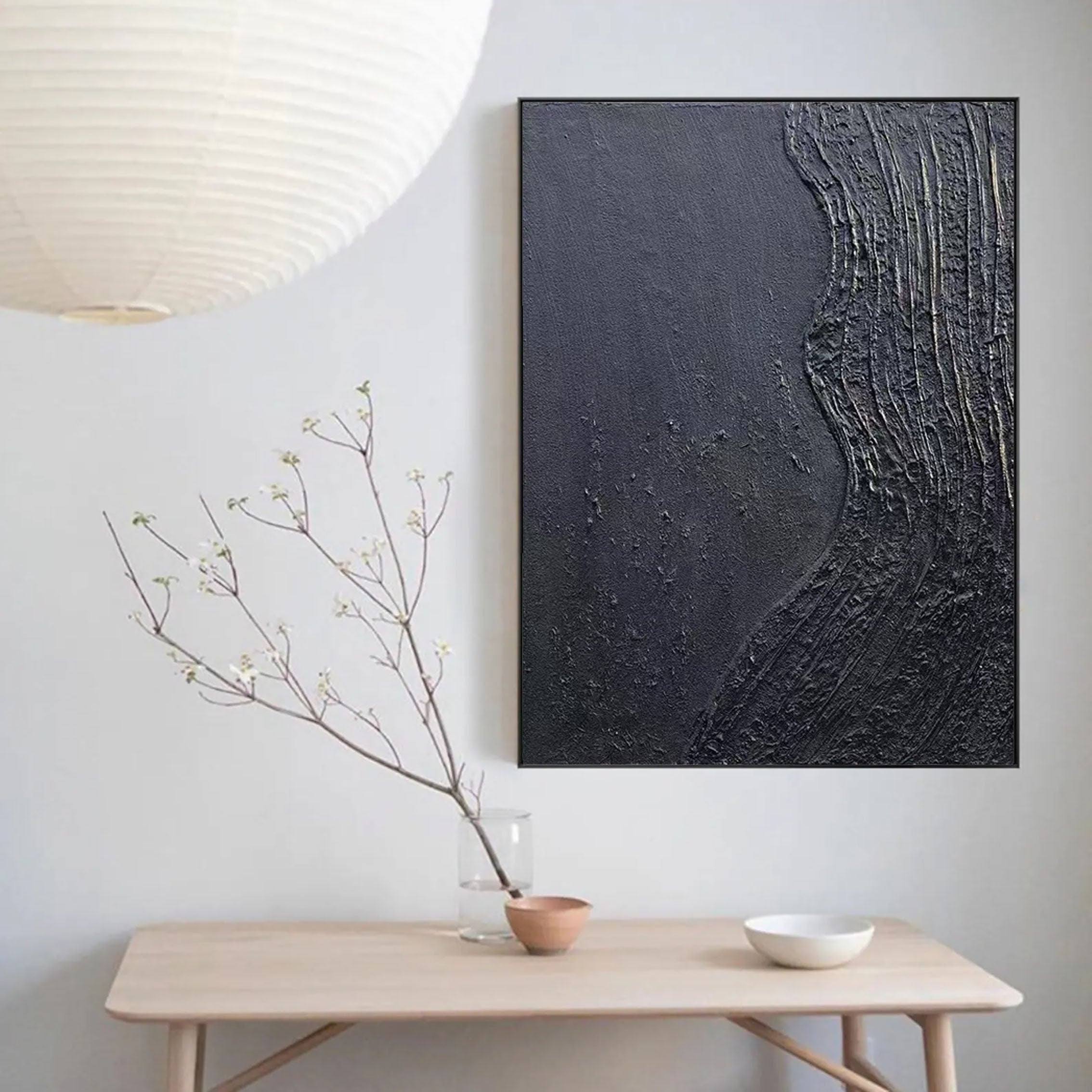 Black Blue Minimalist Textured Painting Canvas #MZ038