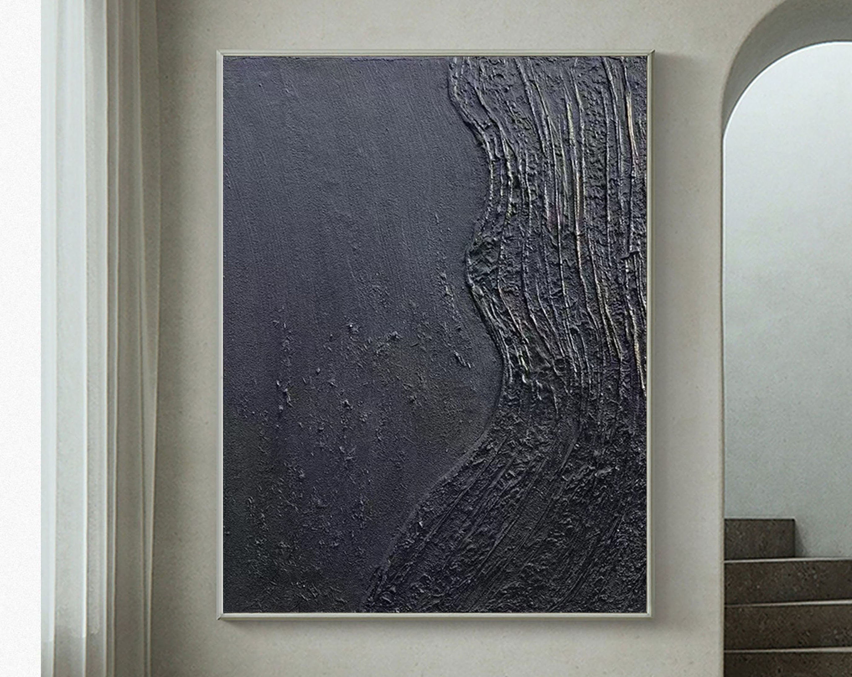 Black Blue Minimalist Textured Painting Canvas #MZ038