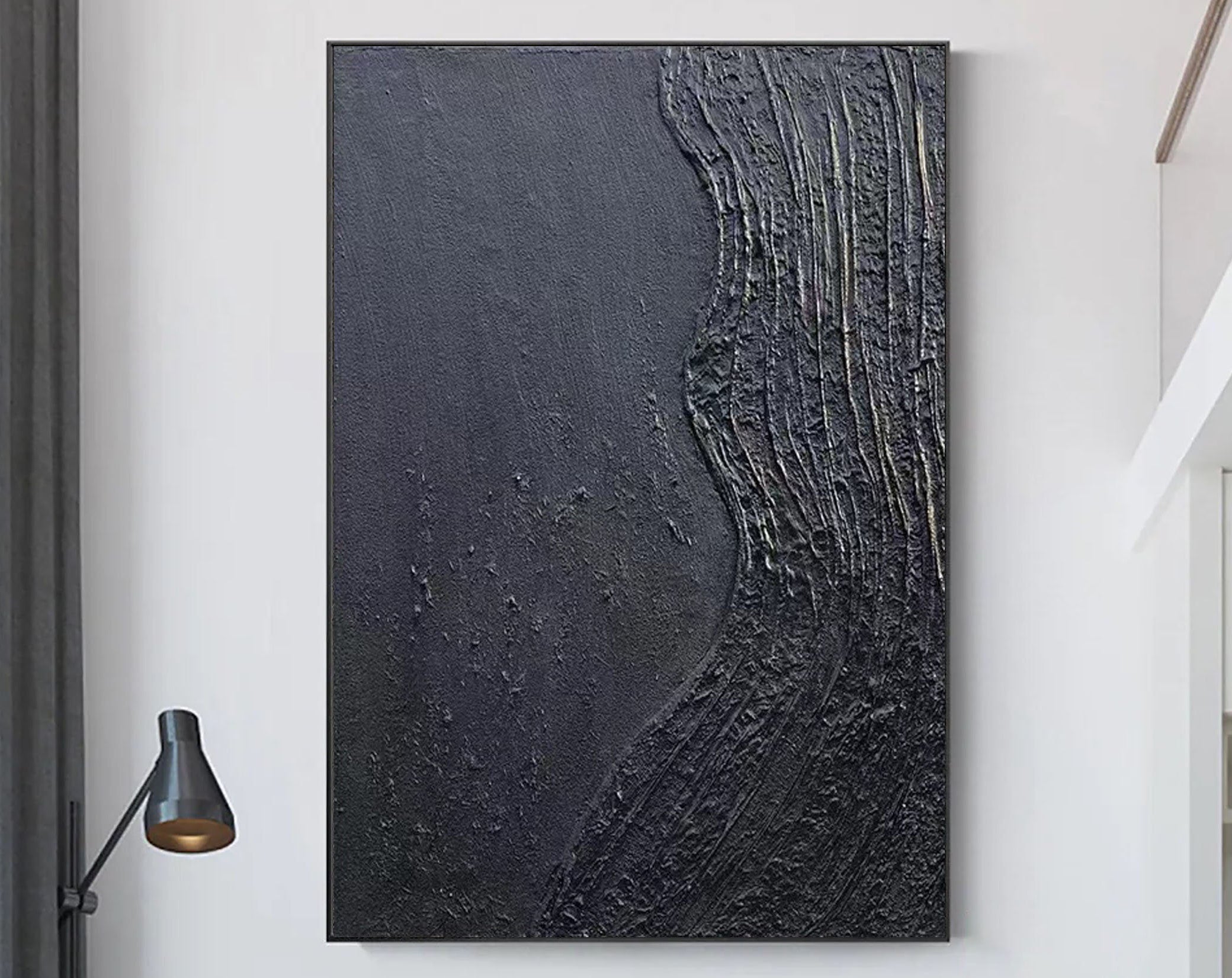 Black Blue Minimalist Textured Painting Canvas #MZ038
