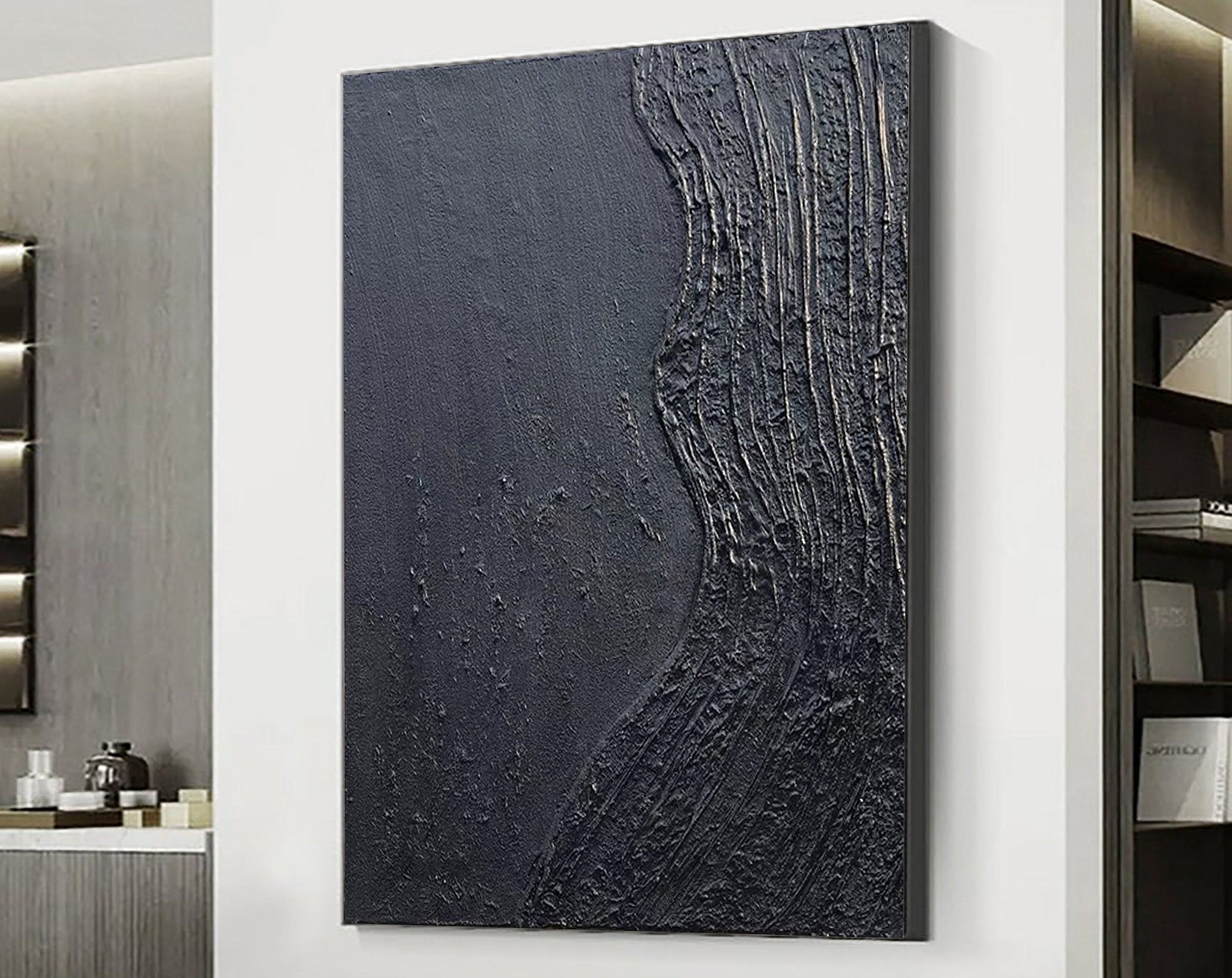 Black Blue Minimalist Textured Painting Canvas #MZ038